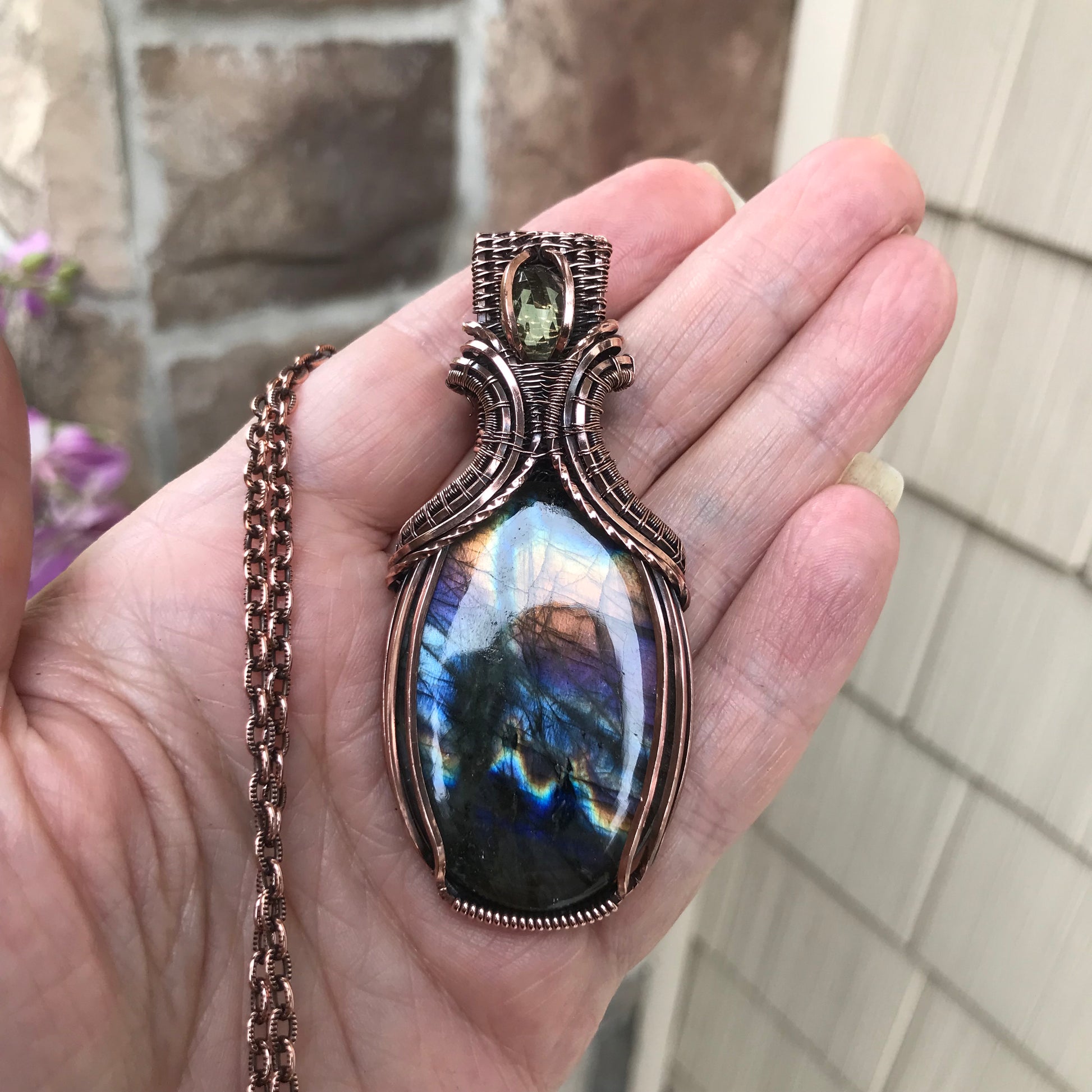 Rainbow Labradorite & Lemon Quartz Copper Pendant with Woven Bail