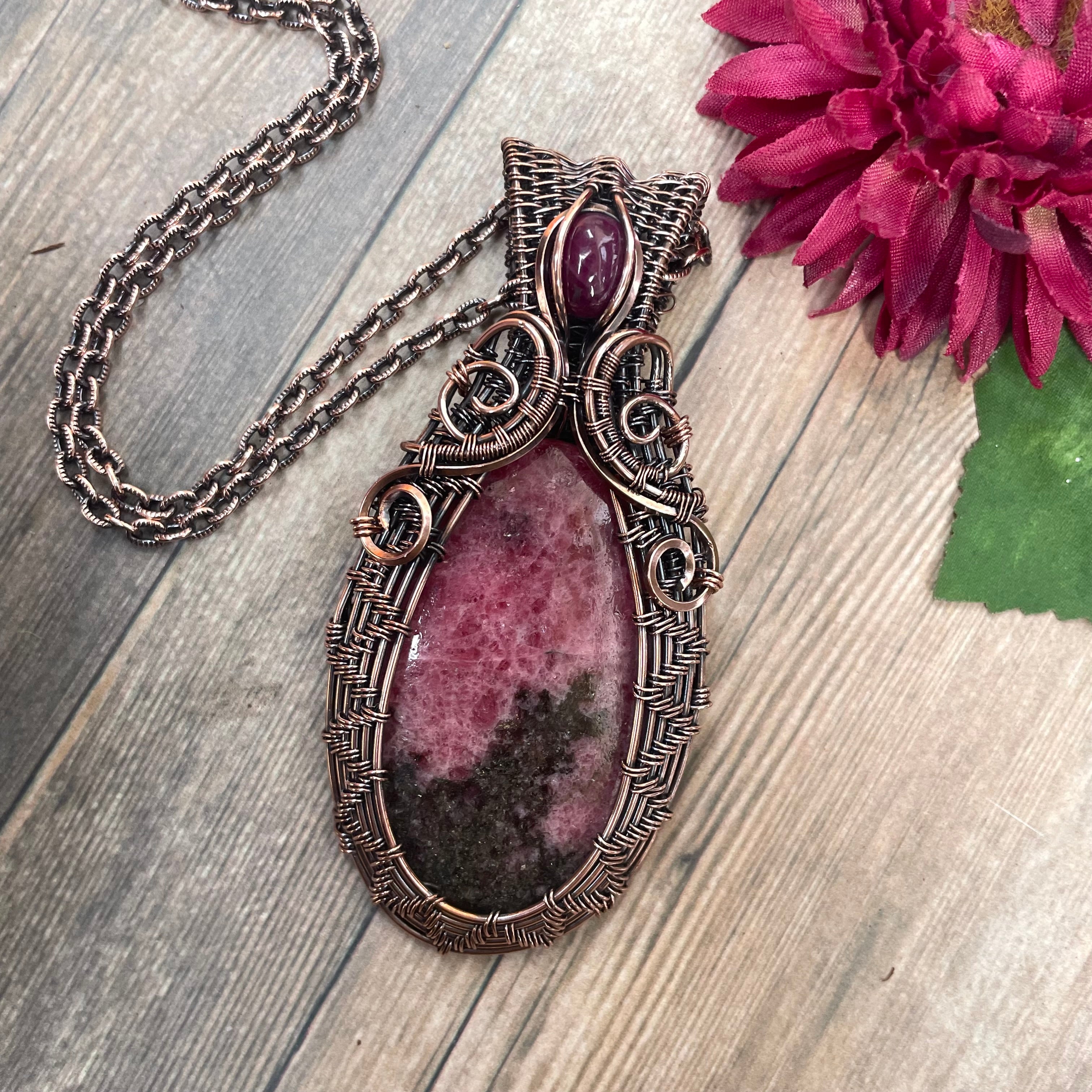 Rhodonite & Ruby Woven Copper Pendant