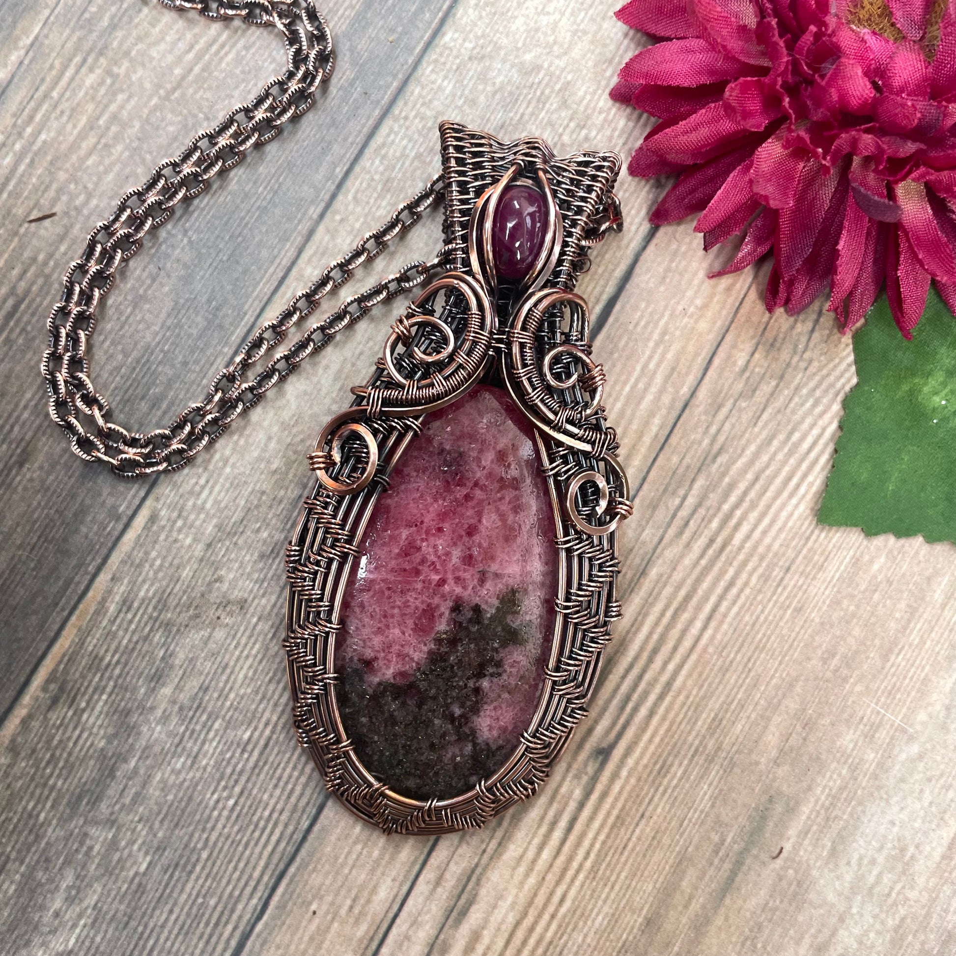 Rhodonite & Ruby Woven Copper Pendant