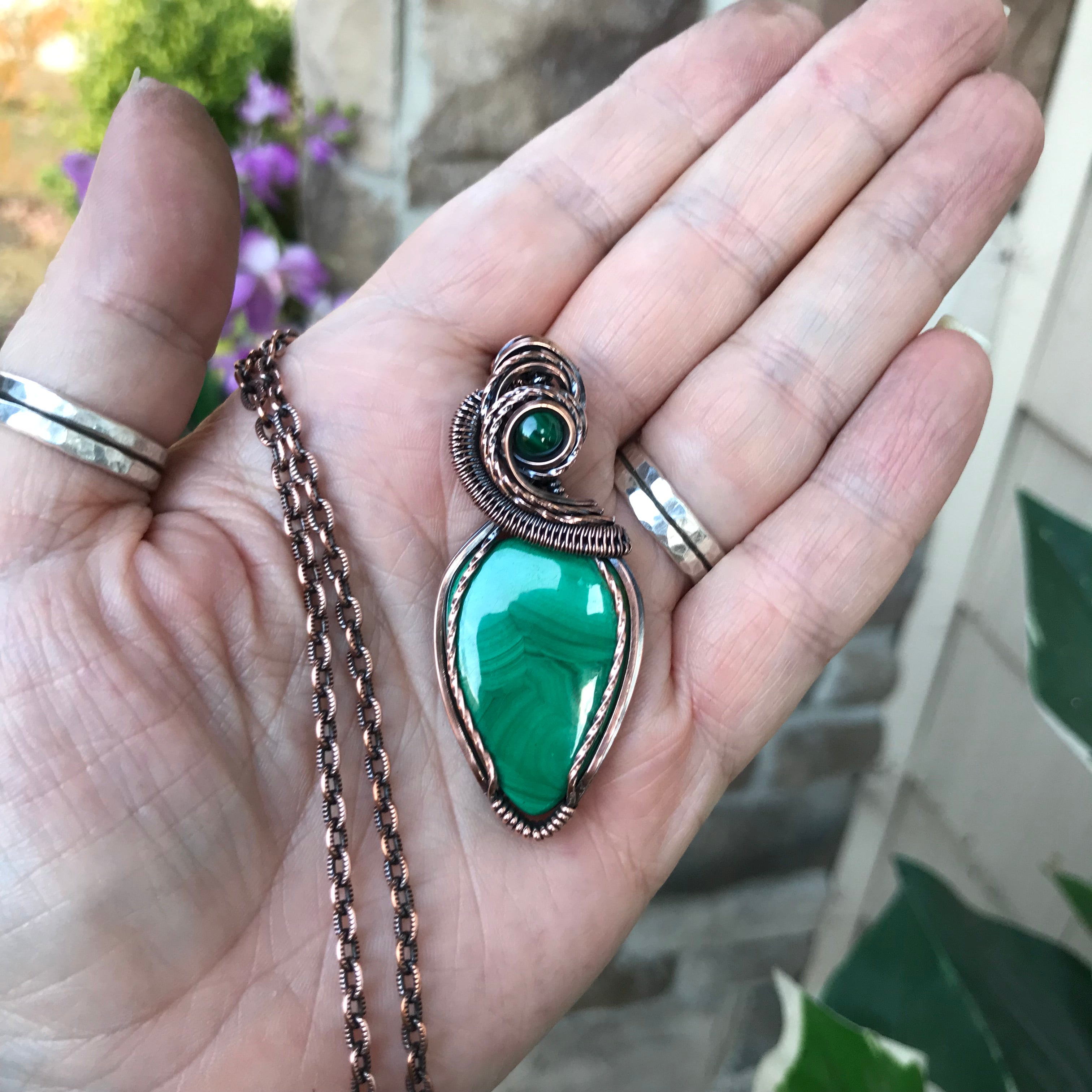 Malachite w/Malachite Accent Copper Teardrop Pendant