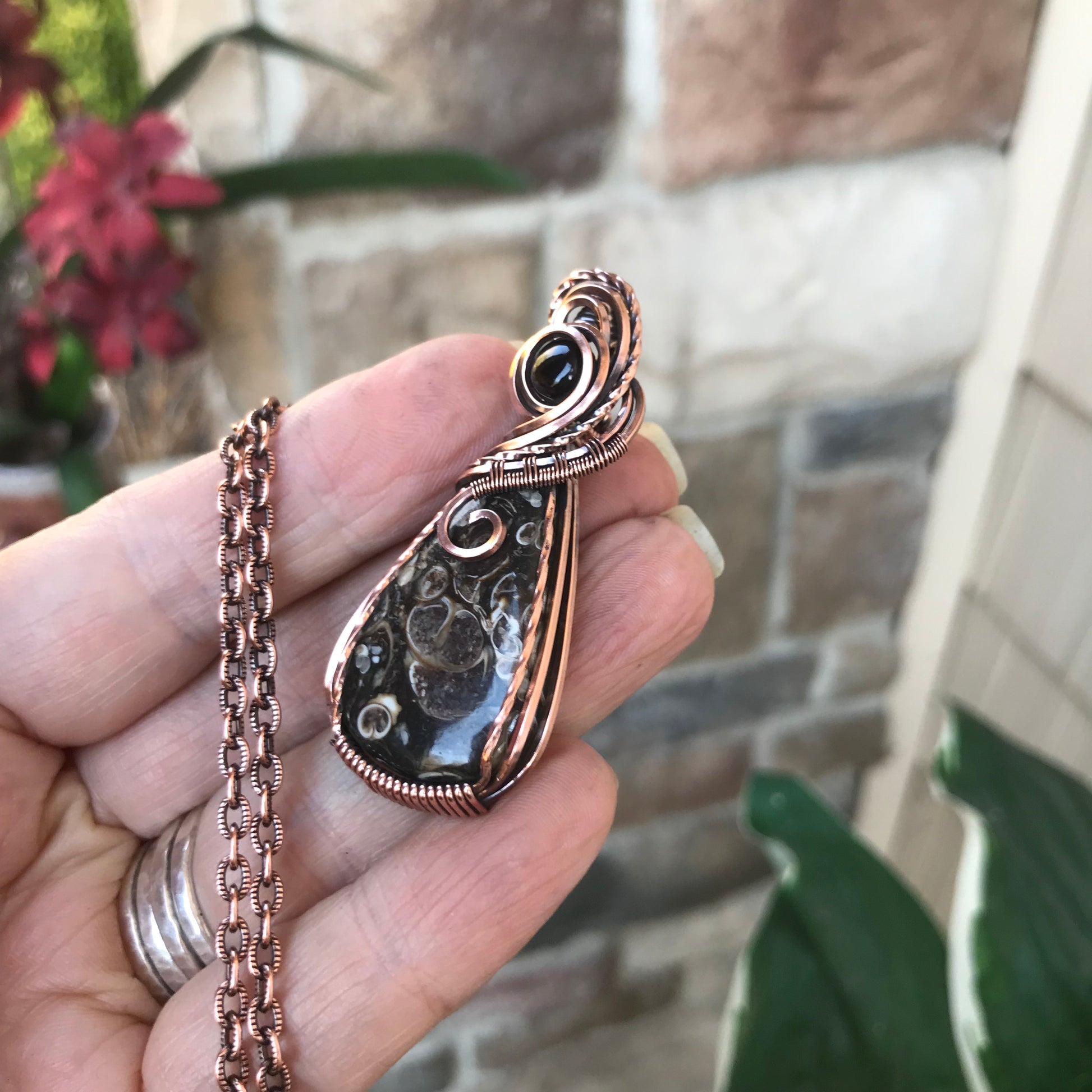 Turritella Fossil Agate & Smoky Quartz Copper Pendant