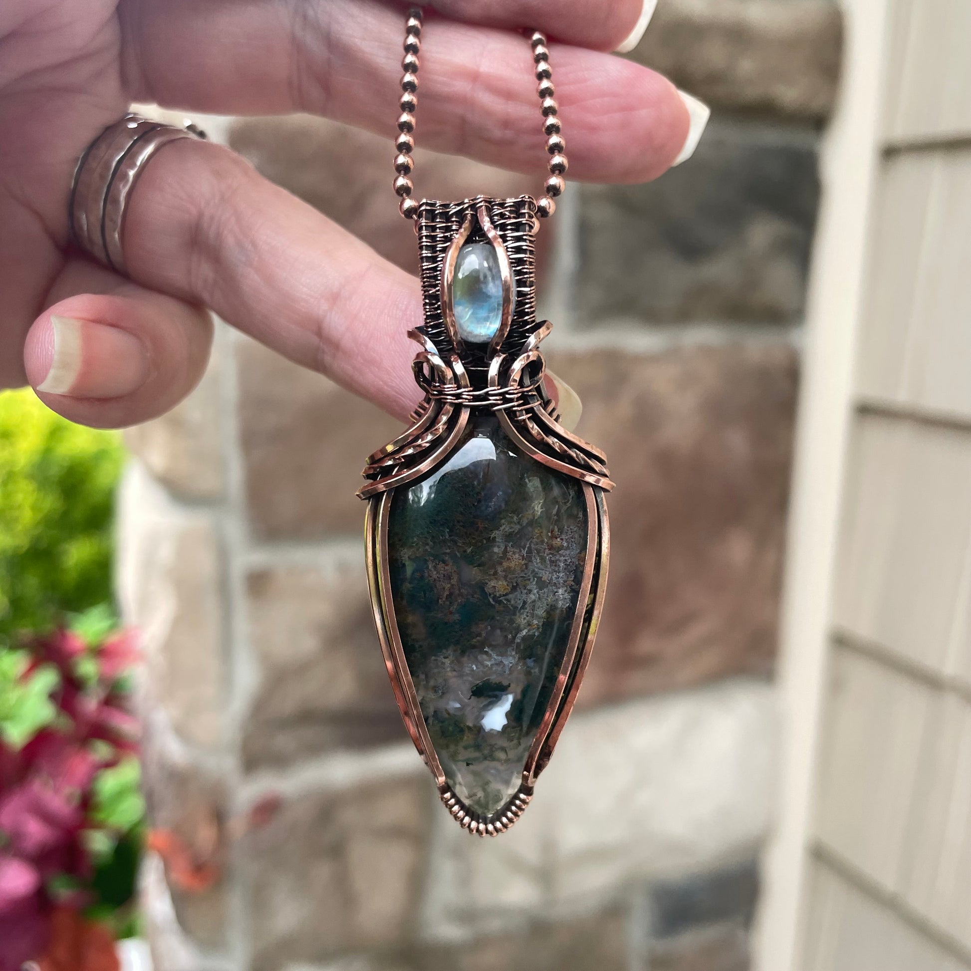 Moss Agate & Moonstone Copper Necklace with Weaving