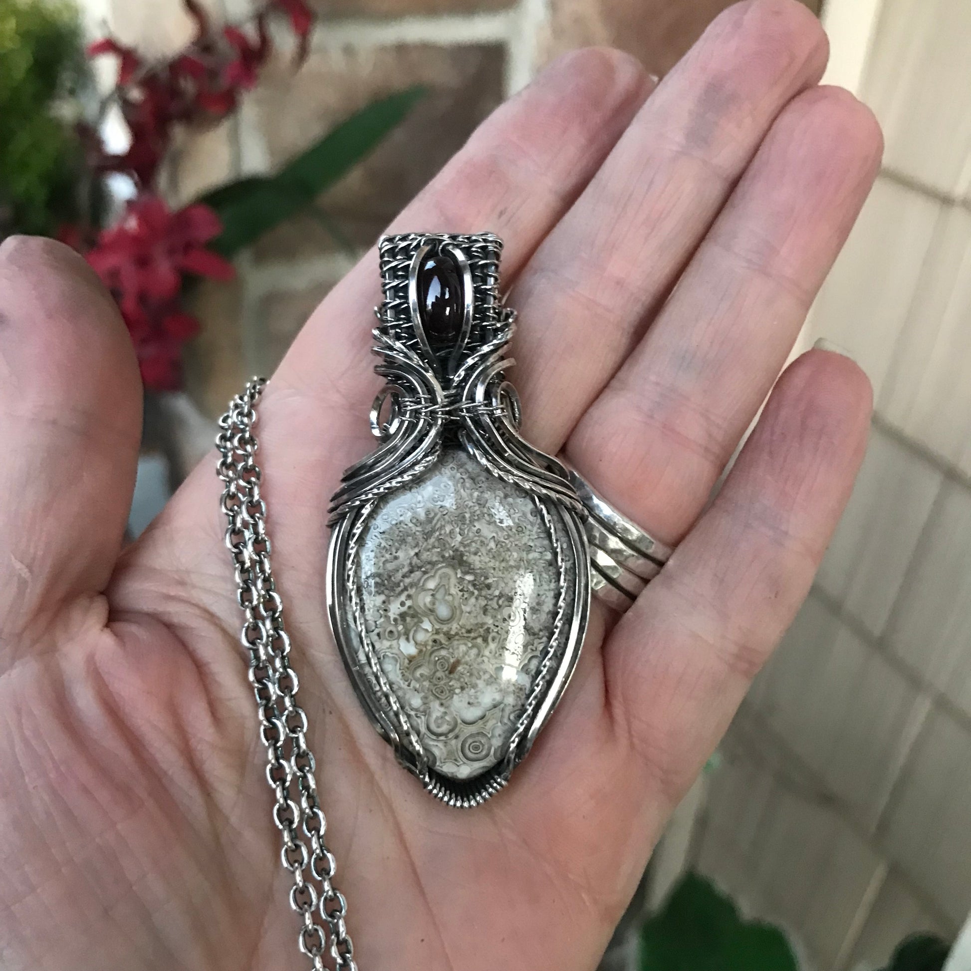 Mexican Crazy Lace Agate & Garnet Oval Sterling Silver Necklace