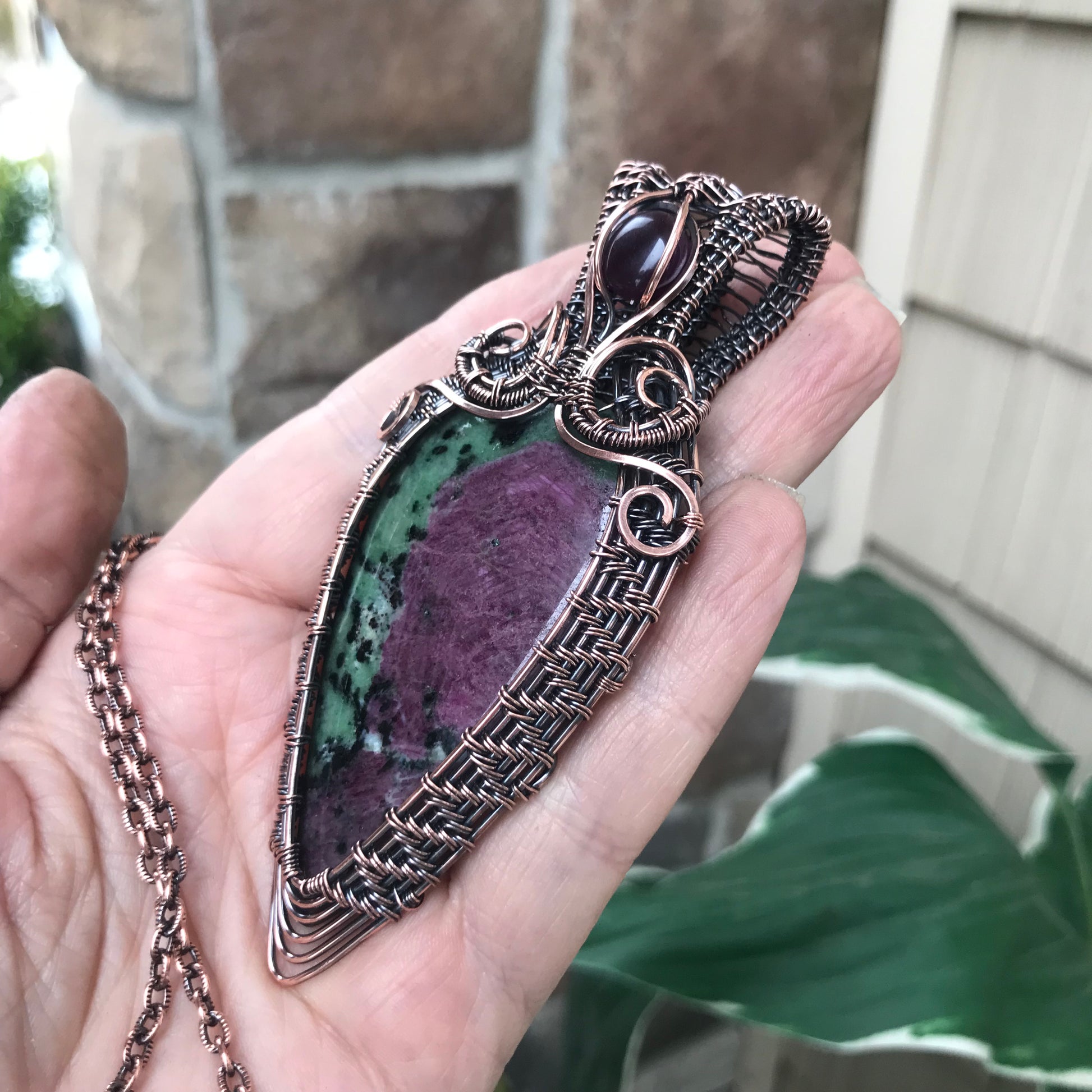 Ruby Zoisite Wire Weave Copper Pendant