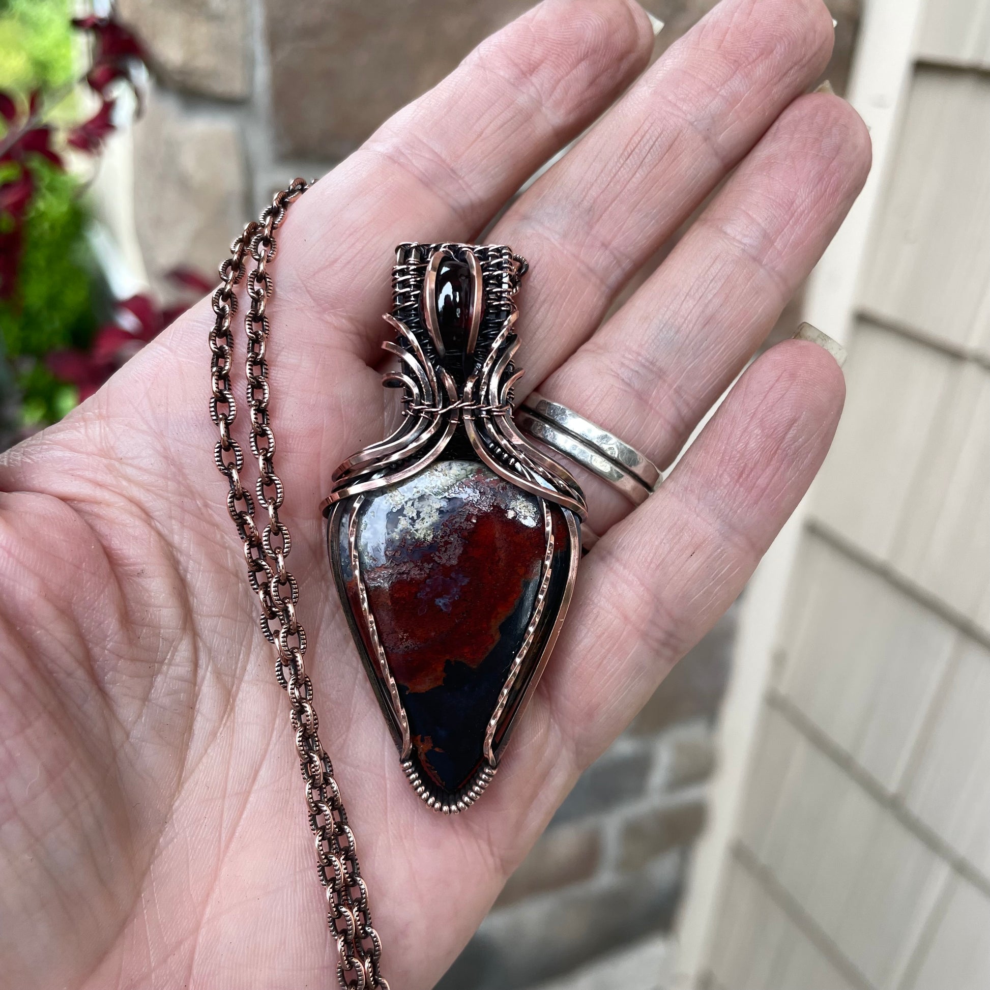 Maroon Crazy Lace Agate & Garnet Copper Pendant