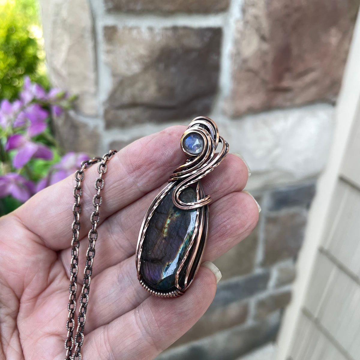 Purple Labradorite & Moonstone Oval Copper Pendant