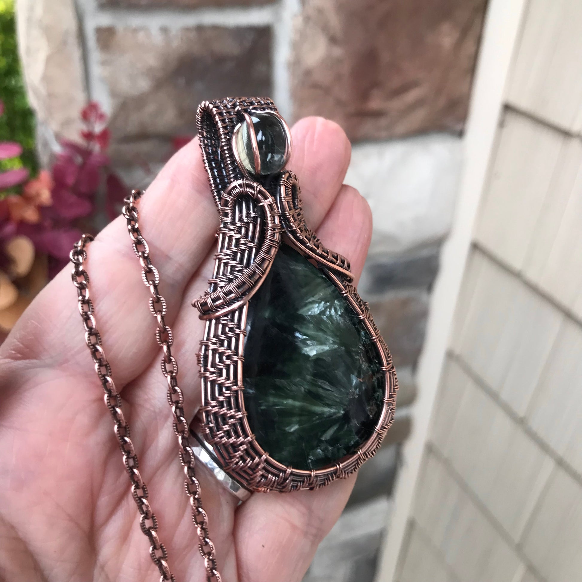 Seraphinite & Prasiolite Woven Pendant