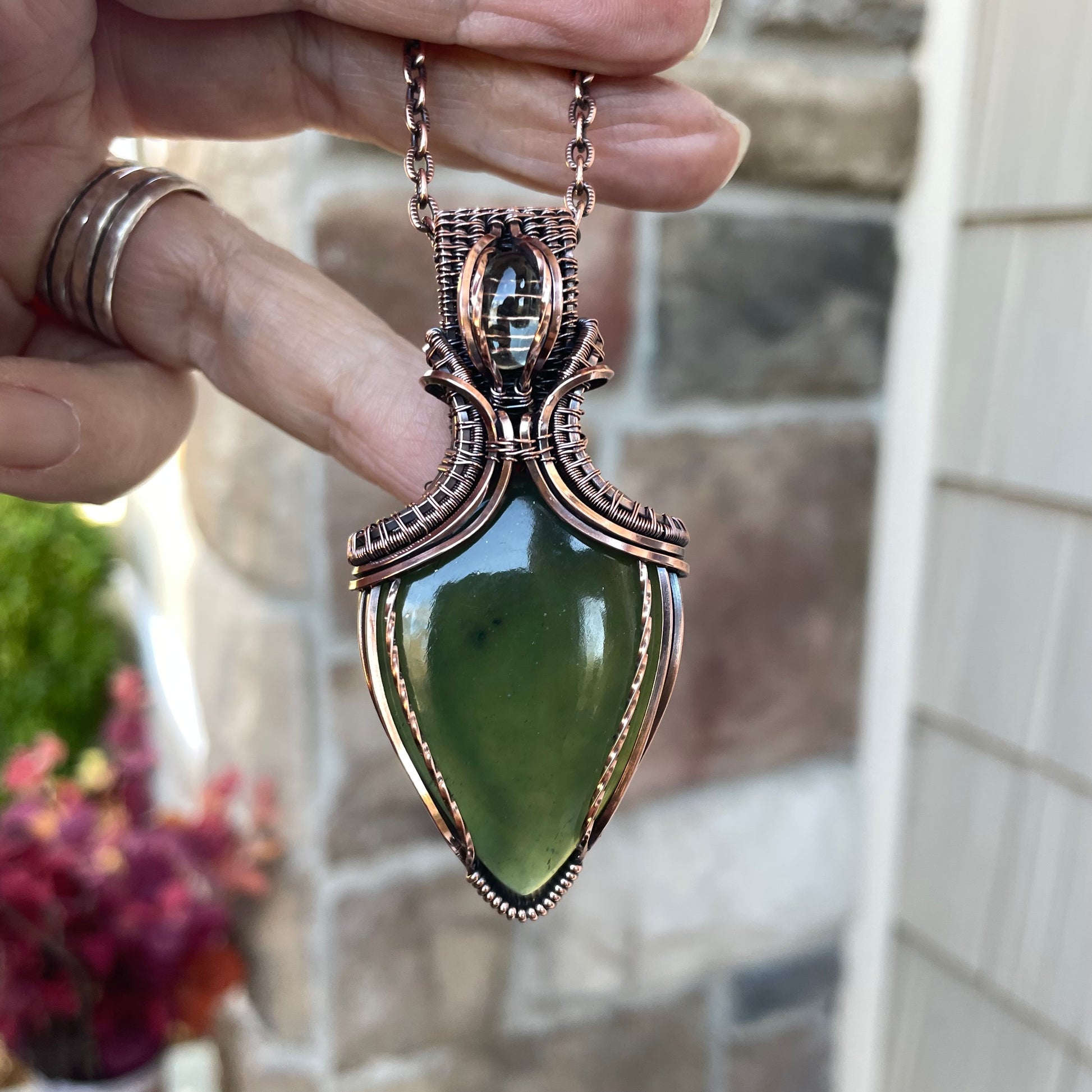 Serpentine & Prasiolite Copper Necklace with Weaving