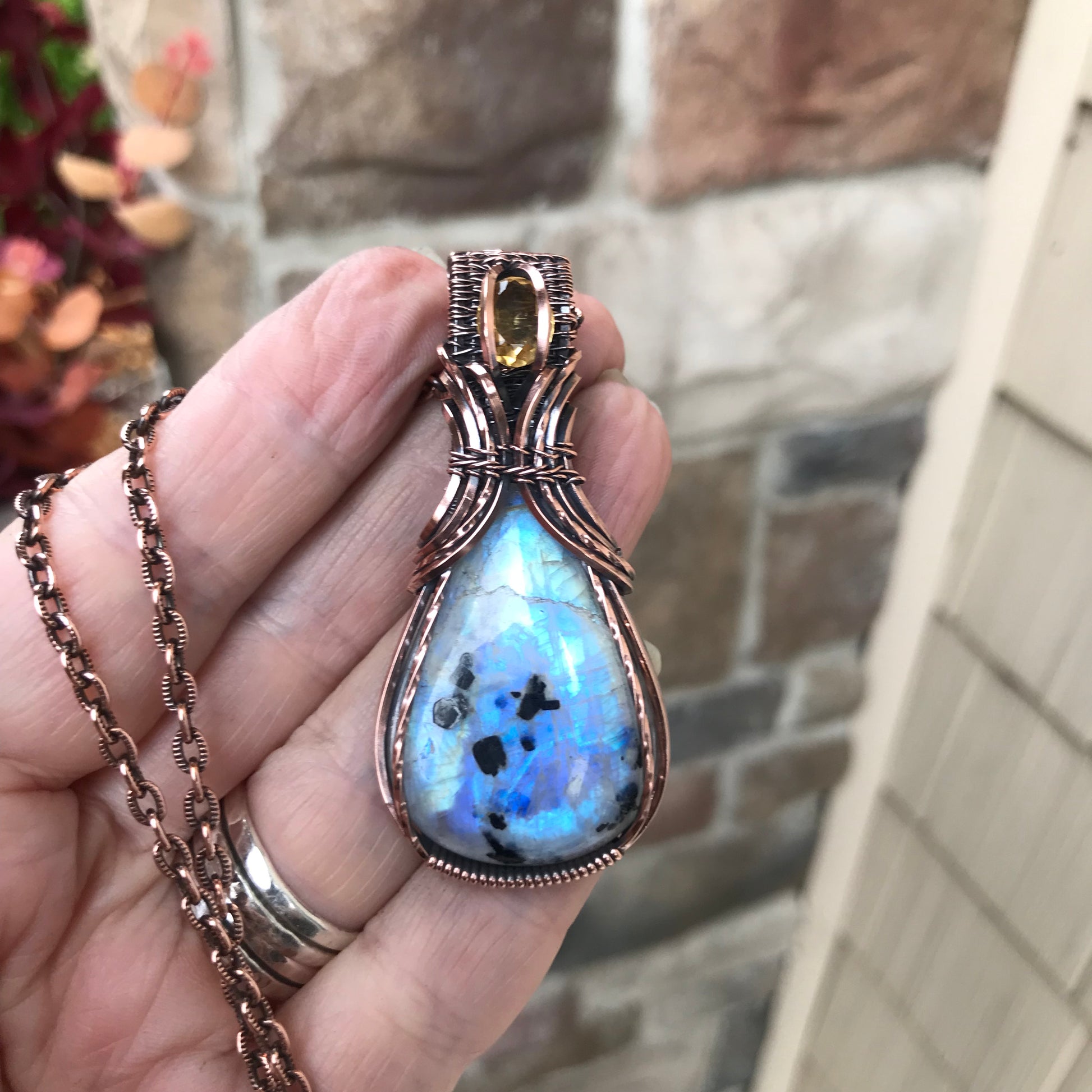 Moonstone with Tourmaline & Citrine Copper Pendant