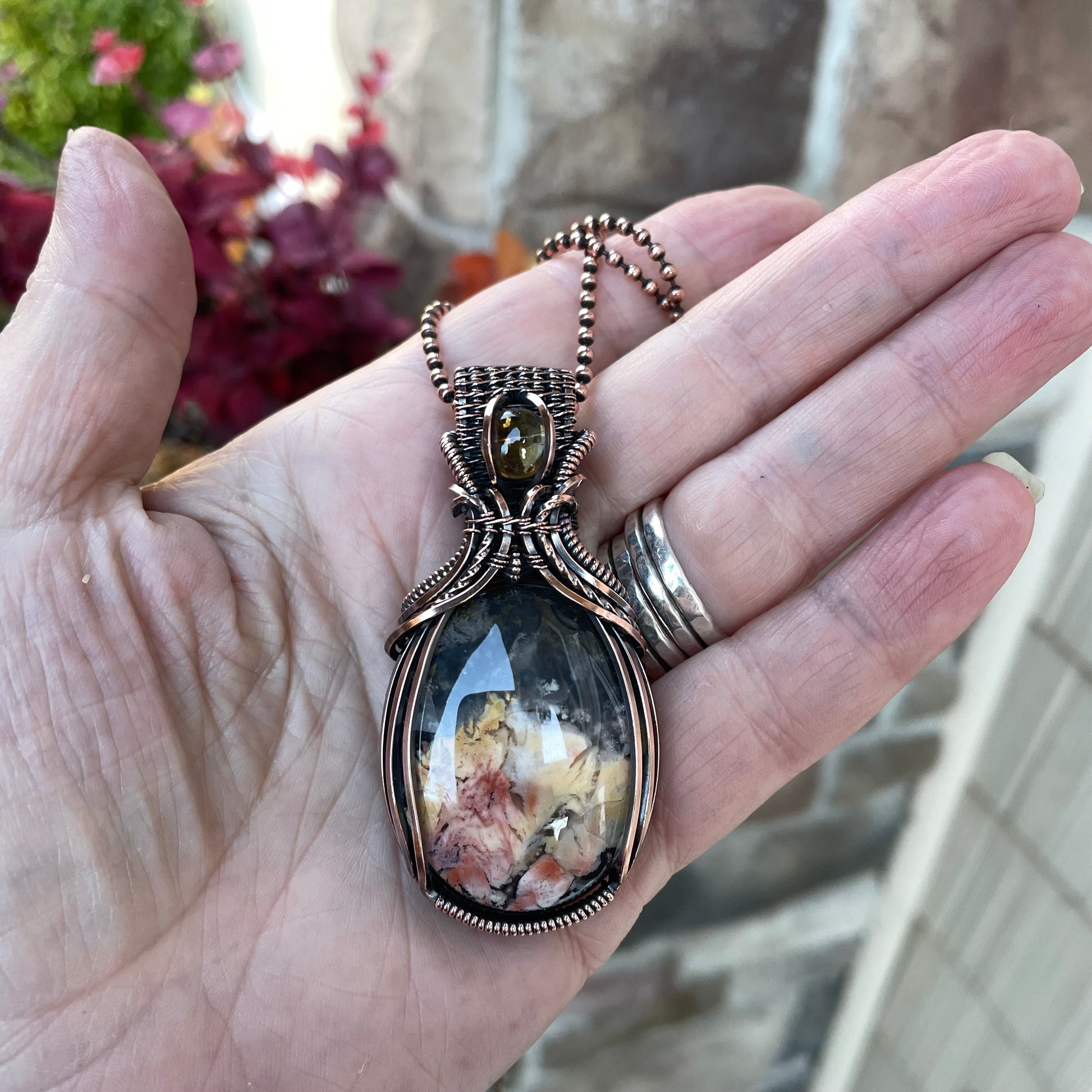 Feather Ridge Plume Agate & Citrine Copper Pendant with Weaving