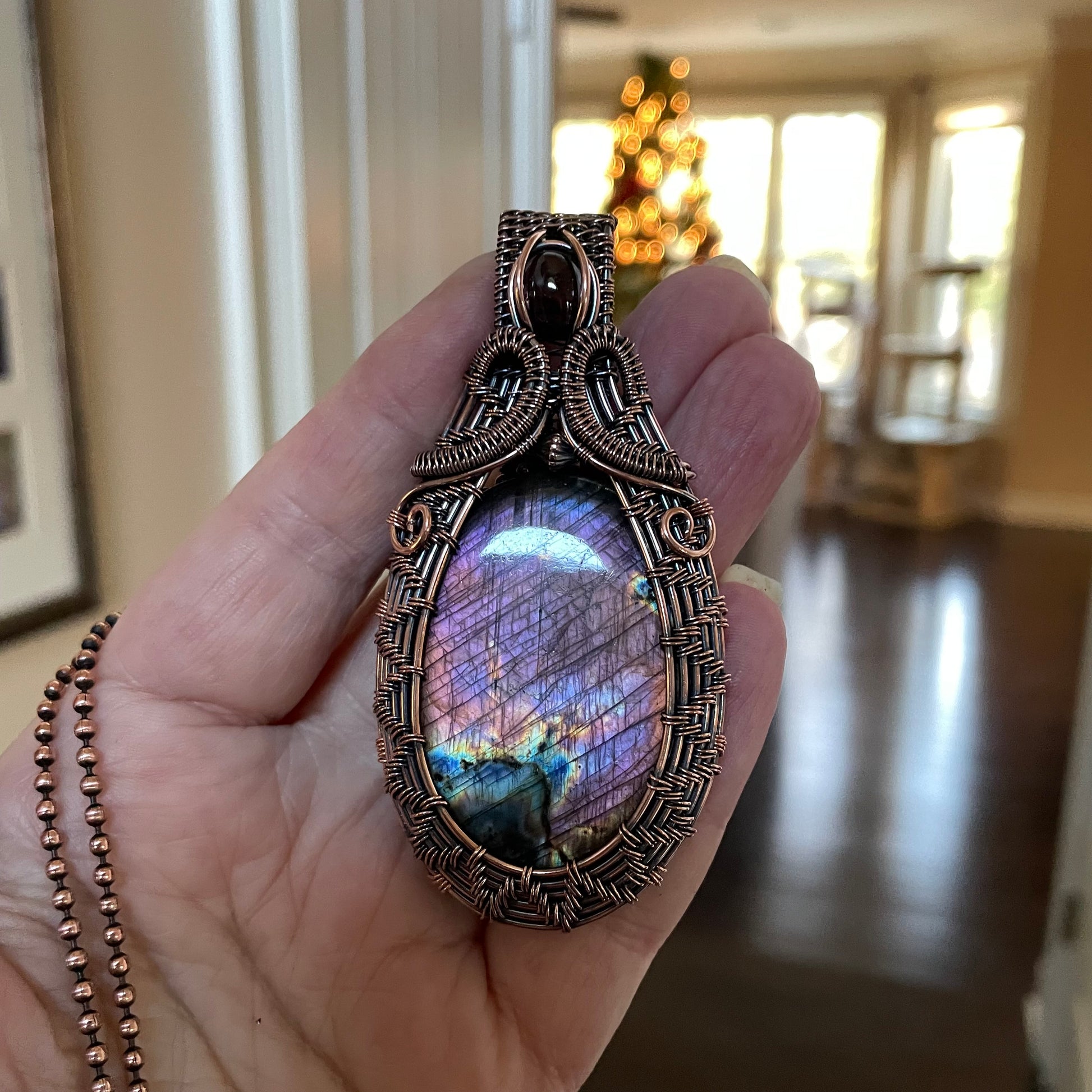 Purple Pink Labradorite & Garnet Woven Pendant