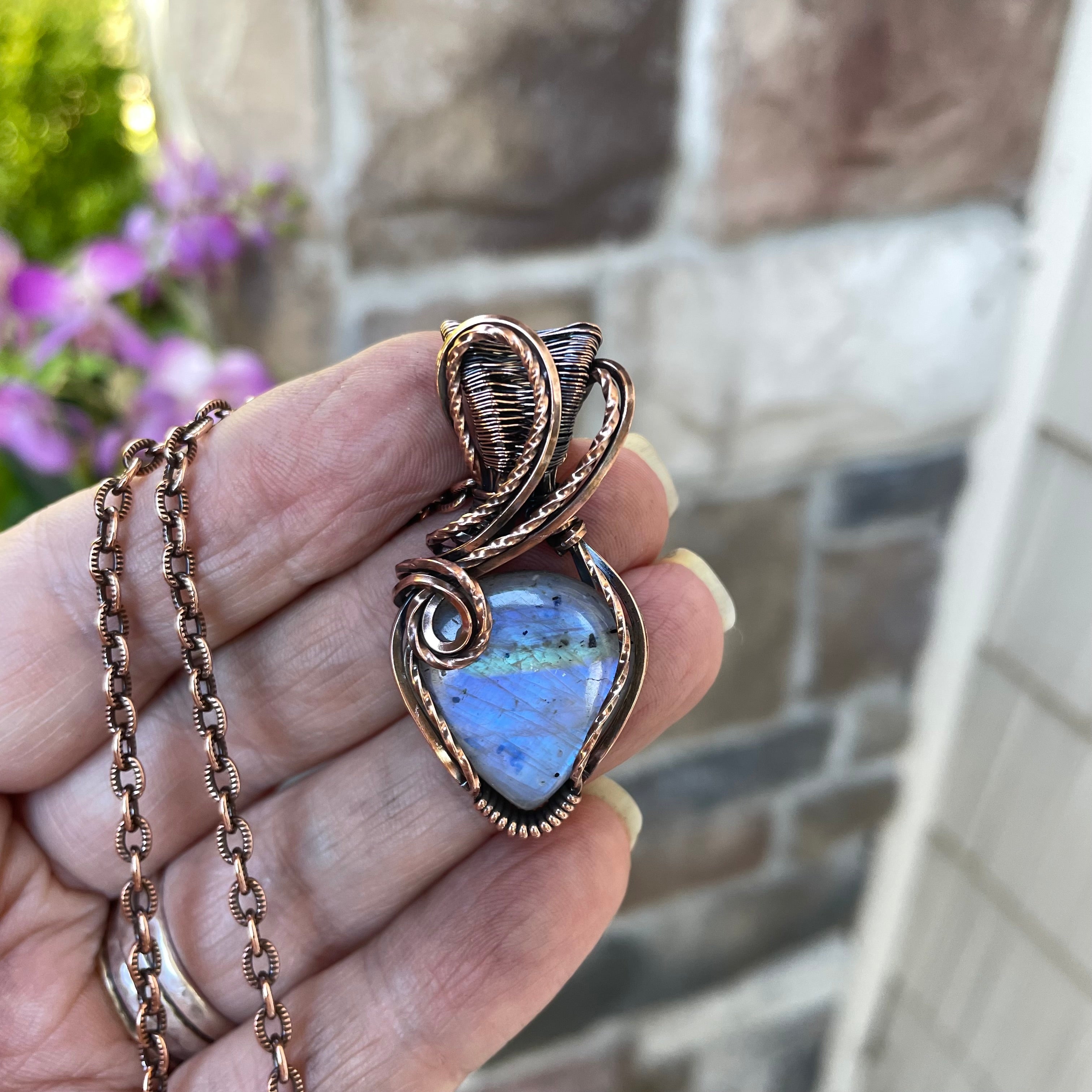 Blue Moonstone with Tourmaline Flecks Copper Pendant