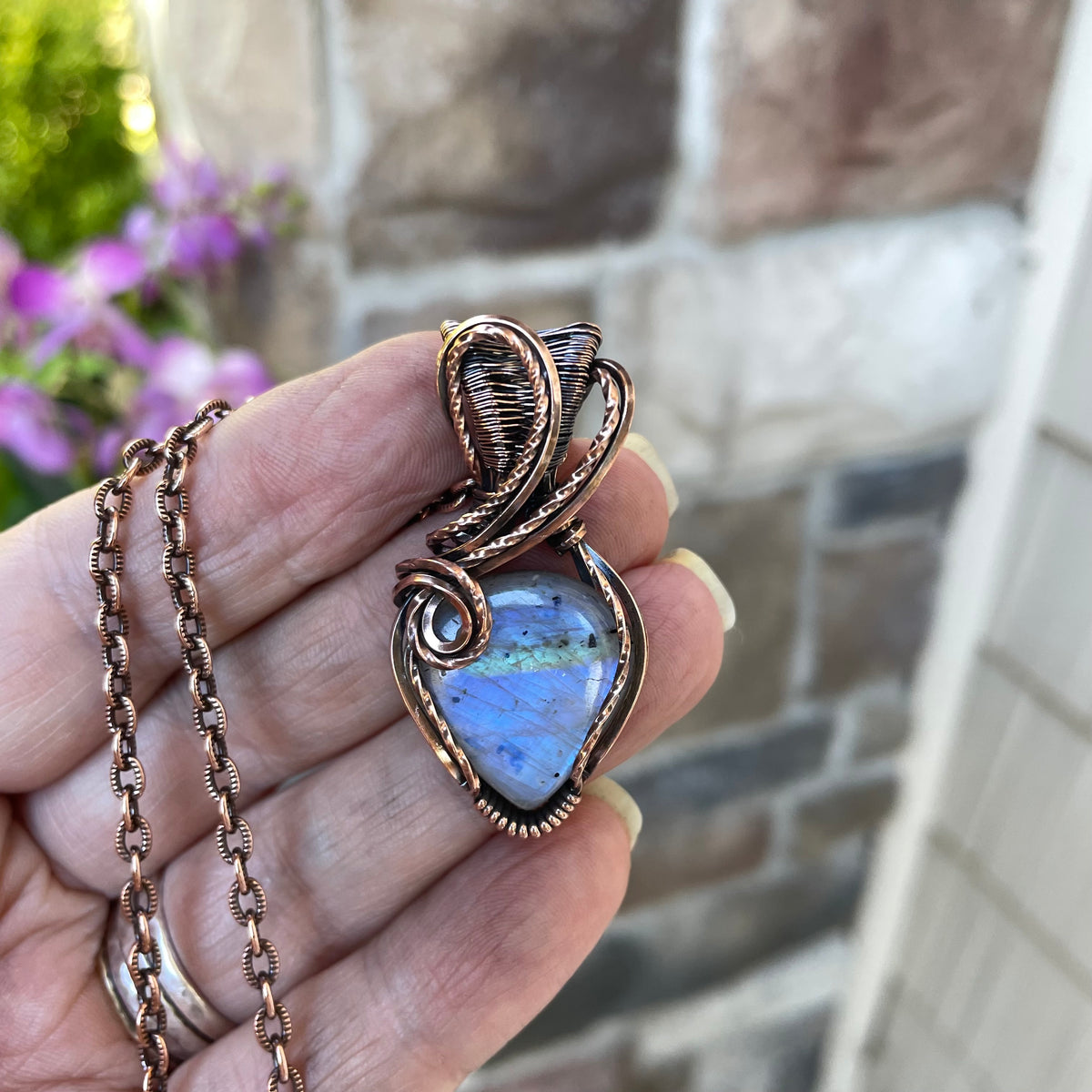 Blue Moonstone with Tourmaline Flecks Copper Pendant
