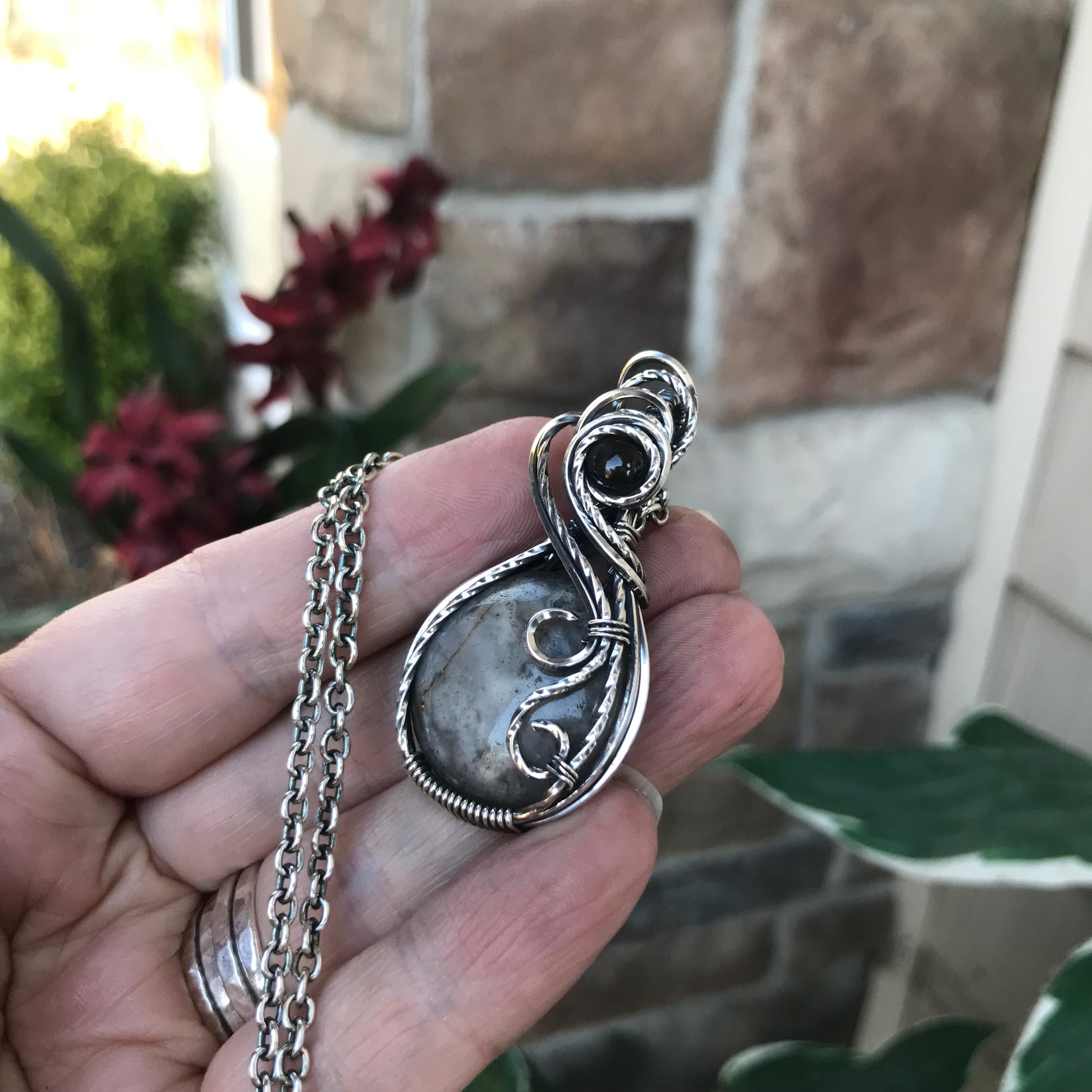 Mexican Crazy Lace Agate & Smoky Quartz Sterling Silver Necklace