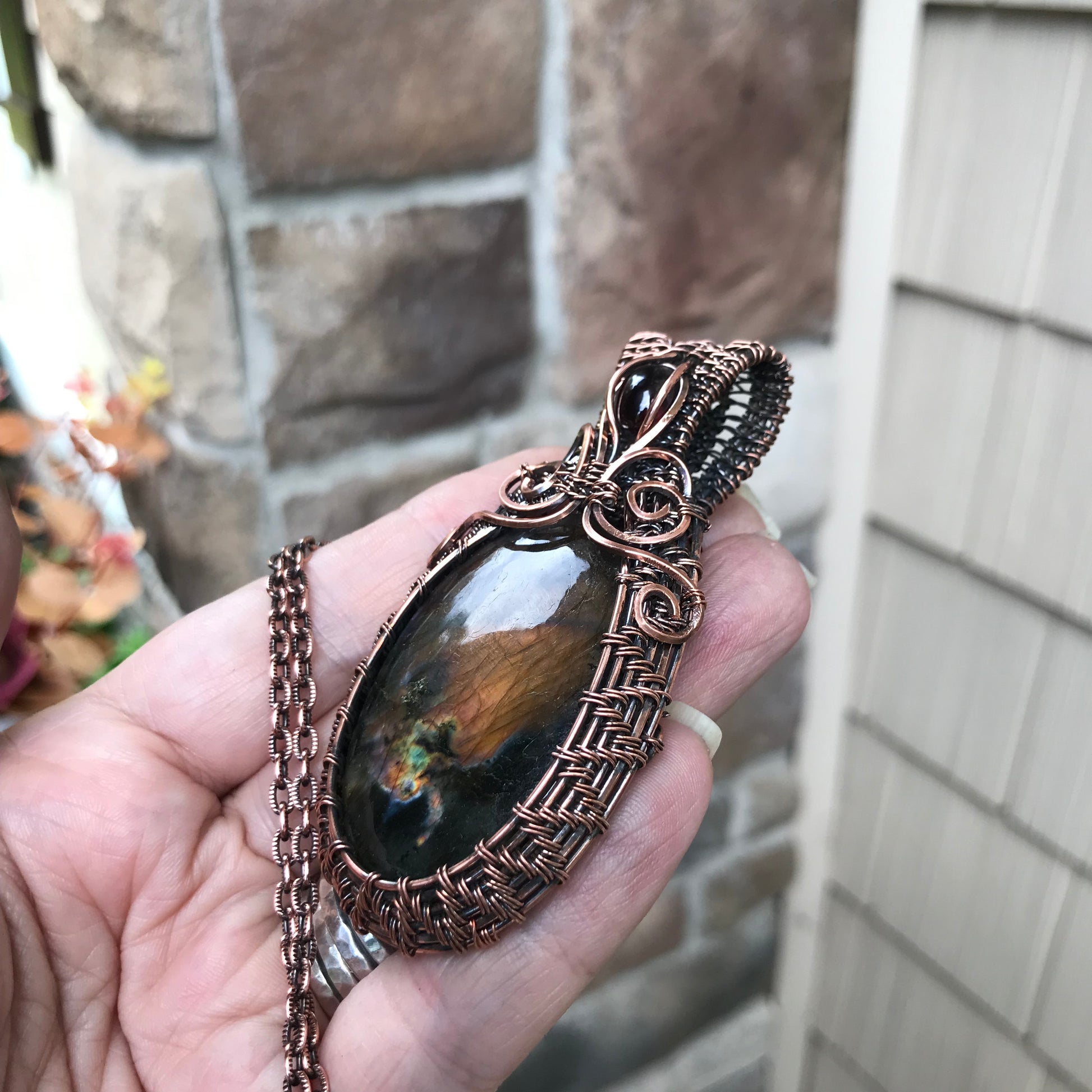 Maroon Amber Labradorite & Garnet Copper Woven Pendant