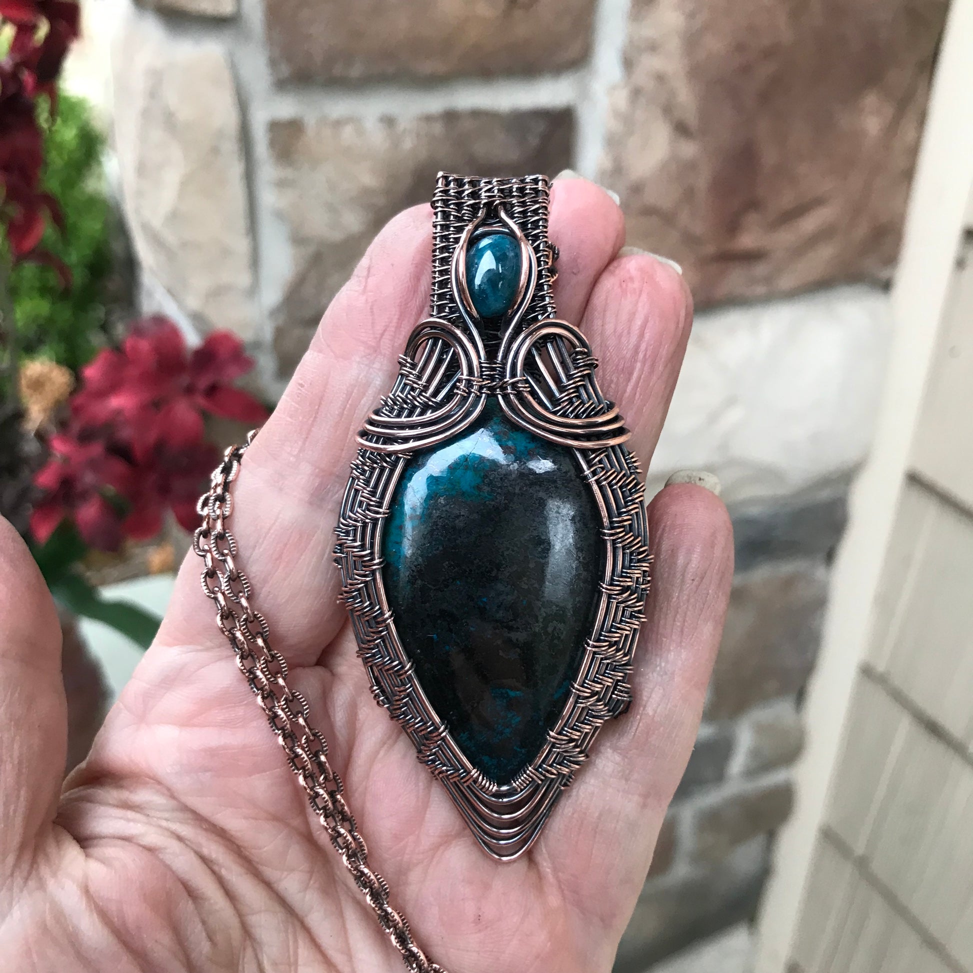 Shattuckite Tenorite with Apatite Woven Copper Pendant