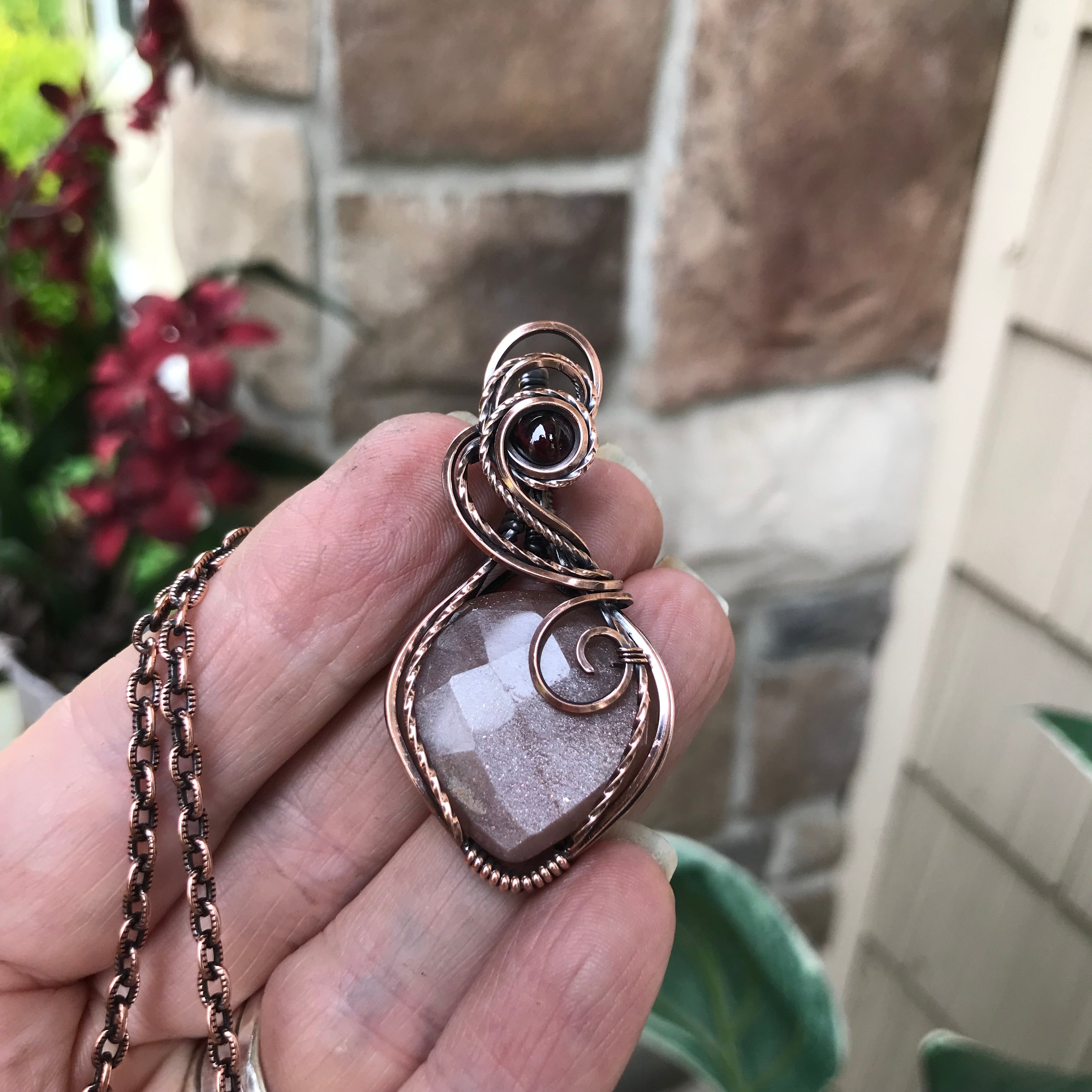 Peach Moonstone & Garnet Copper Necklace