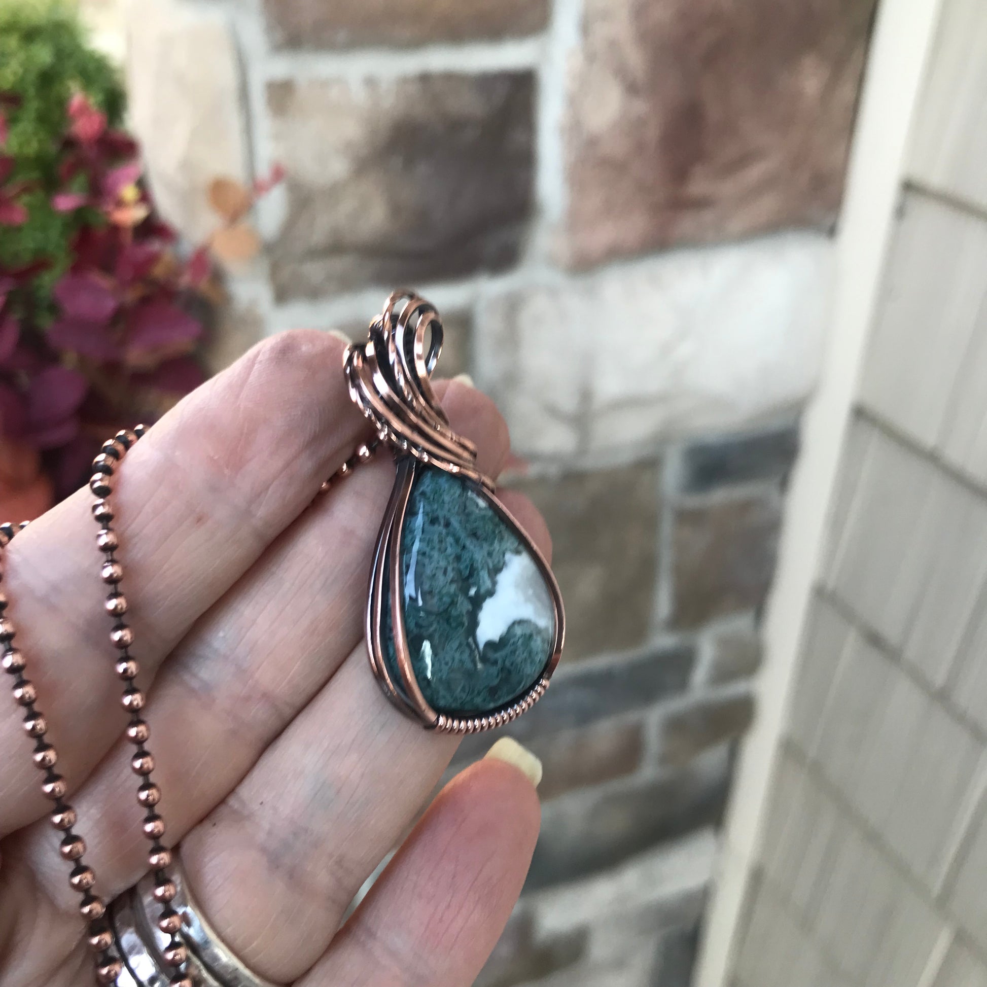 Teal Moss Agate Copper Pendant