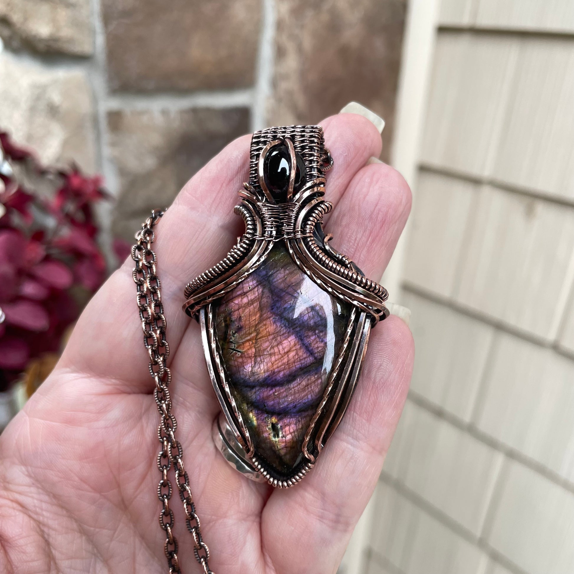 Maroon Purple Labradorite & Garnet Copper Pendant with Weaving