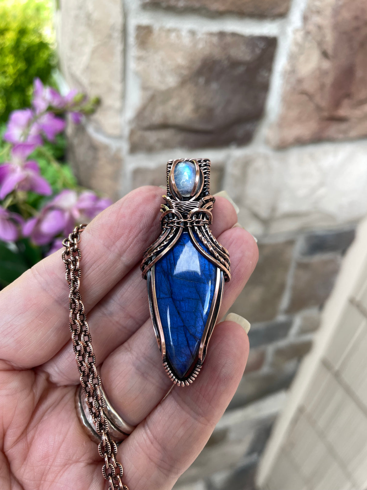 Blue Labradorite & Moonstone Copper Pendant with Weaving