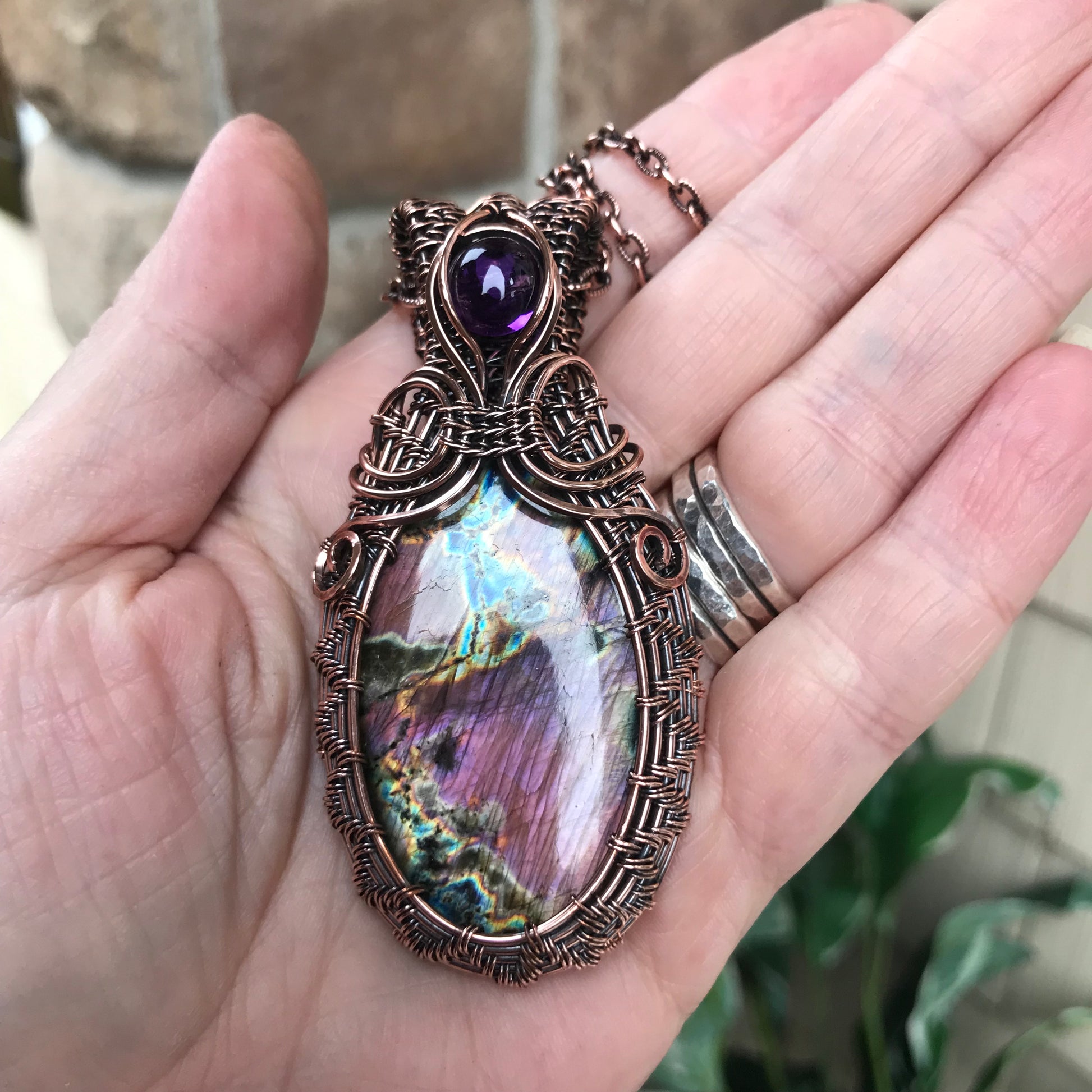 Purple Pink Labradorite & Amethyst Oval Copper Woven Pendant