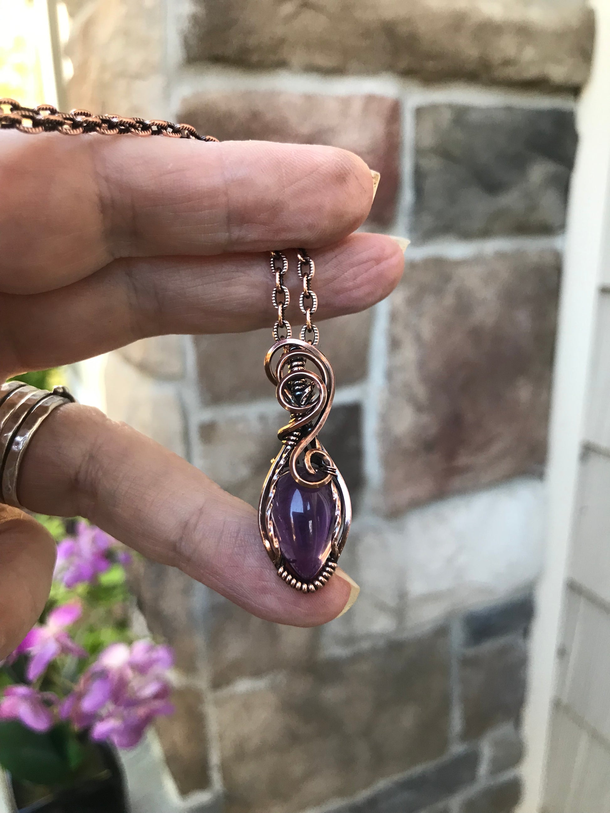 Amethyst Small Swirly Copper Pendant