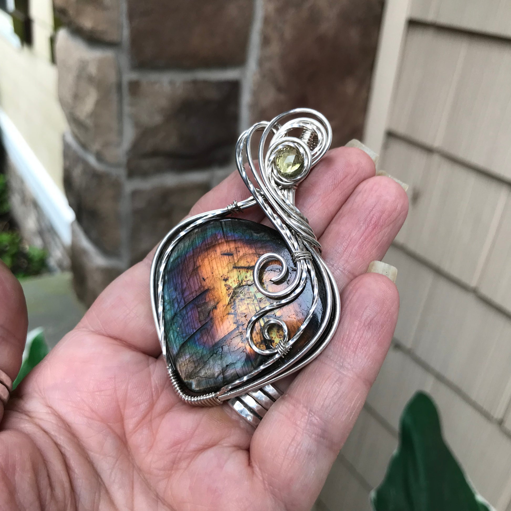 Rainbow Labradorite & Lemon Quartz Silver Pendant