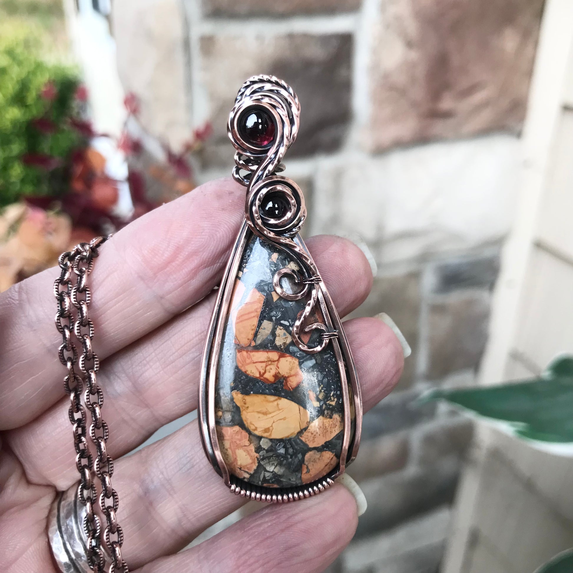 Maligano Jasper & Garnet Swirly Copper Pendant