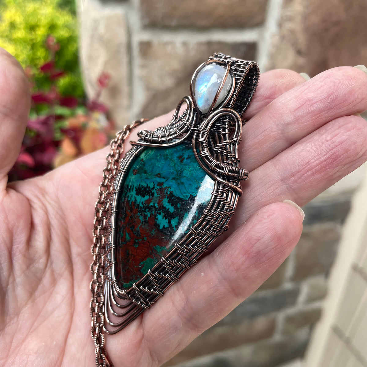 Chrysocolla & Moonstone Woven Statement Pendant