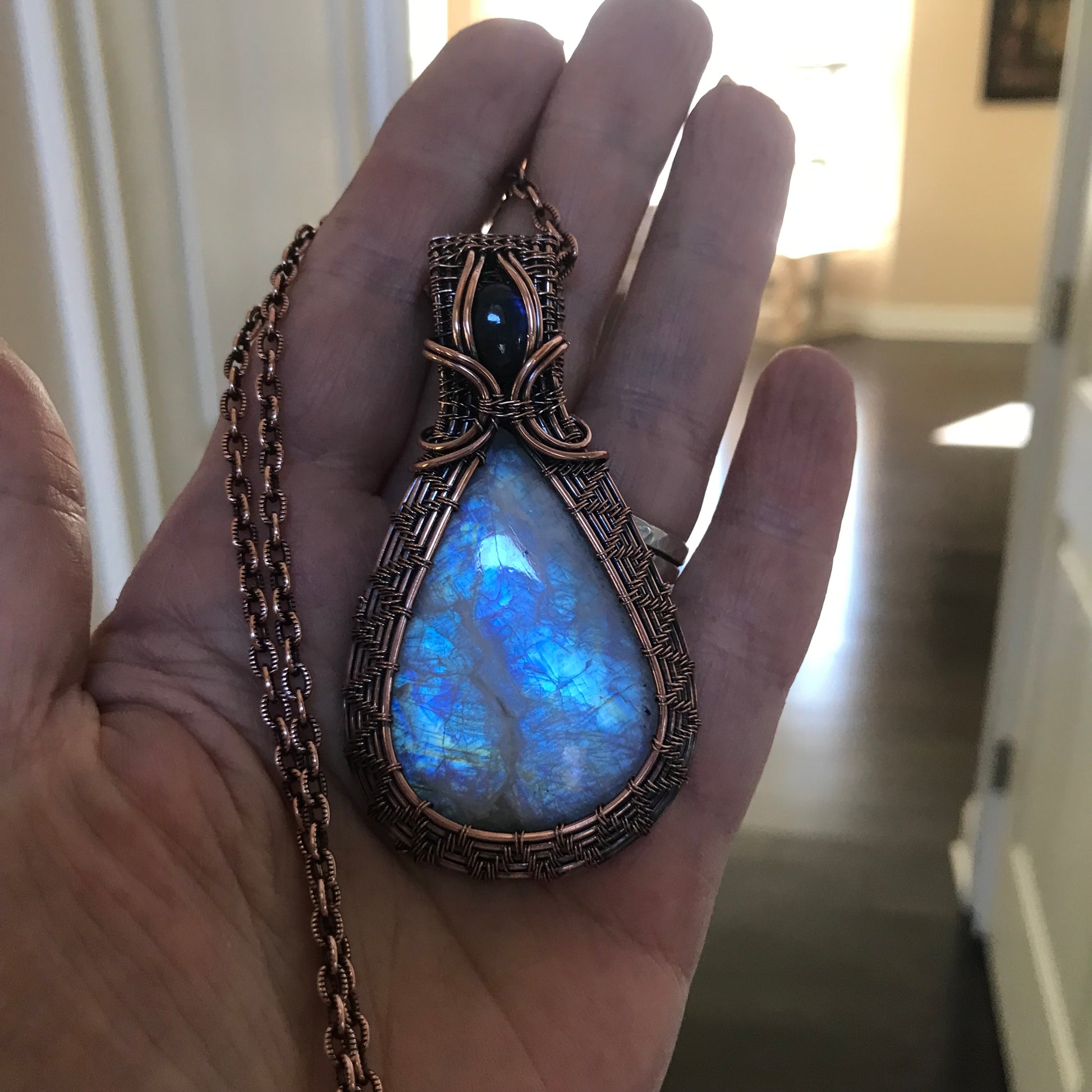 Rainbow Moonstone w/ Blue Labradorite Woven Copper Pendant