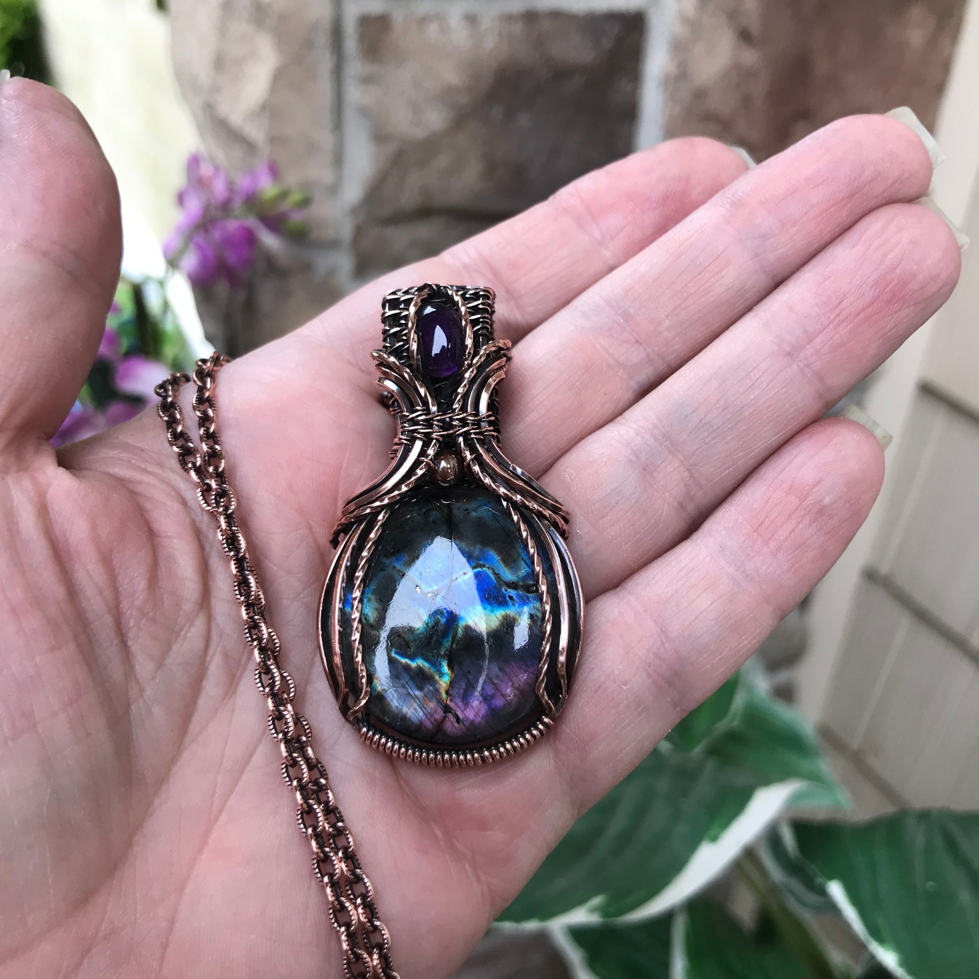 Purple Blue Labradorite & Amethyst Copper Necklace with Weaving