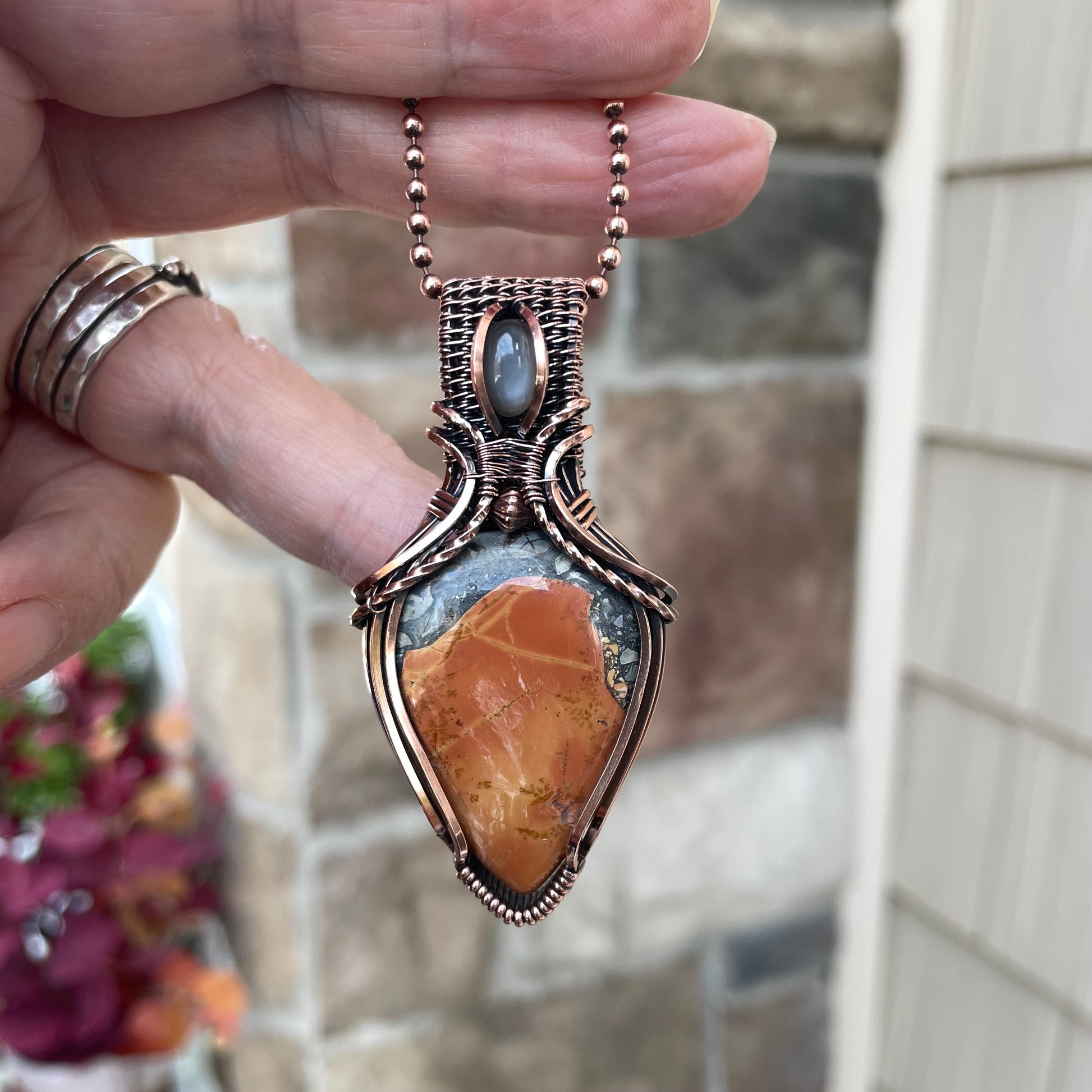 Maligano Jasper & Gray Moonstone Copper Pendant with Weaving