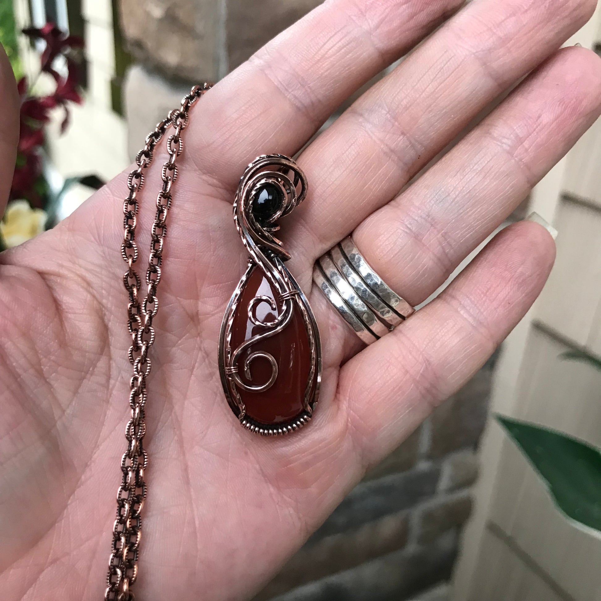 Carnelian & Smoky Quartz Teardrop Copper Pendant