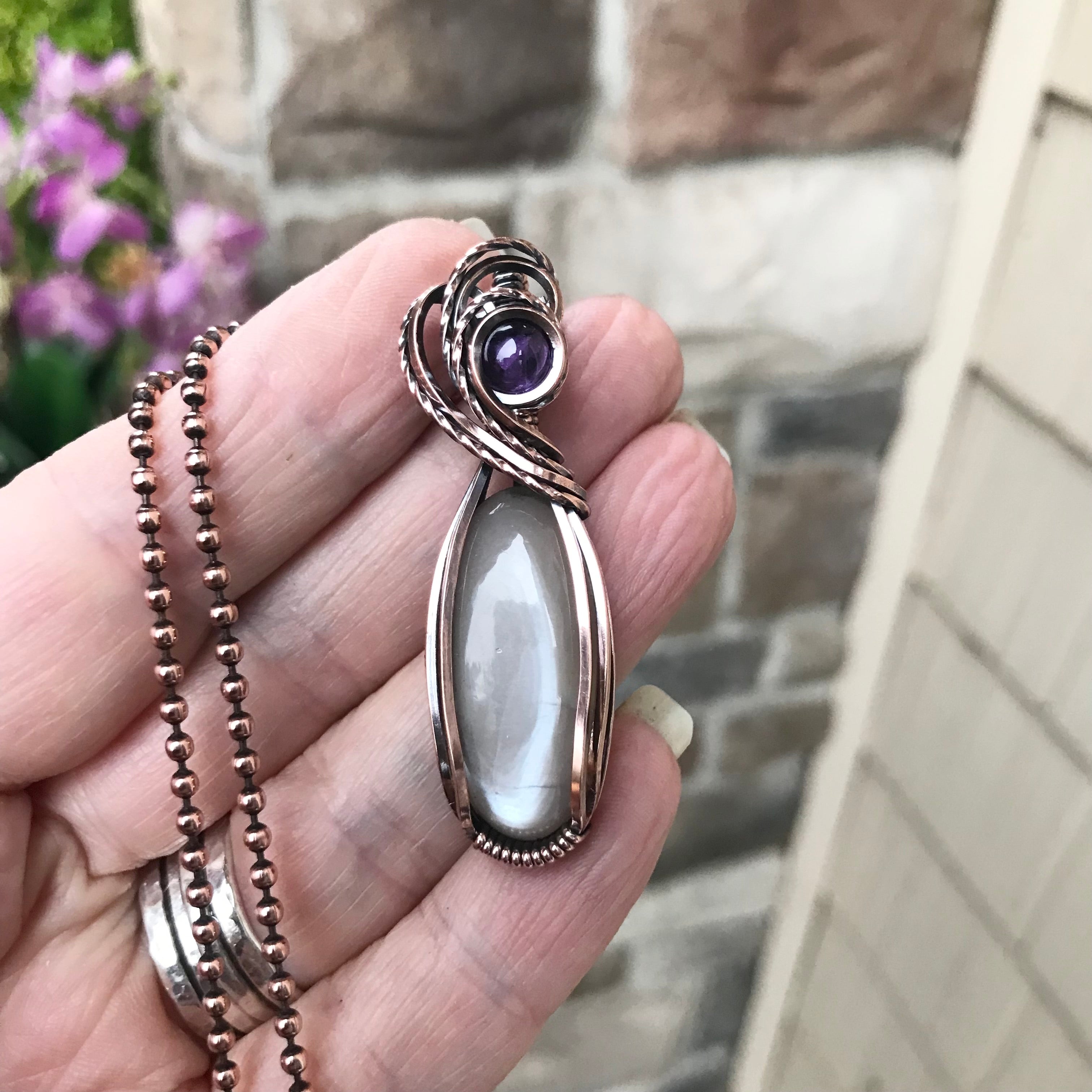 Gray Moonstone & Amethyst Copper Necklace