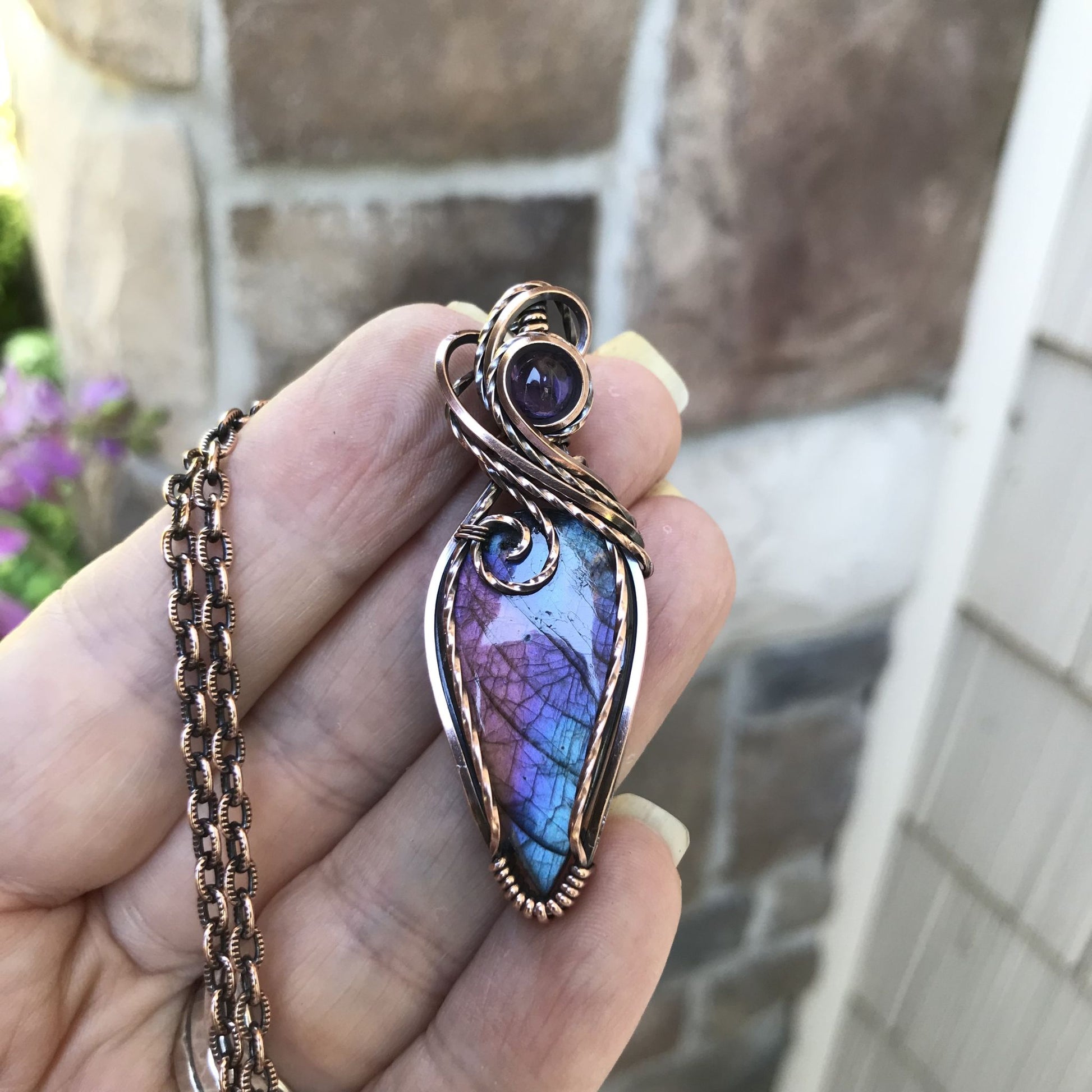 Blue Pink Purple Labradorite & Amethyst Copper Necklace