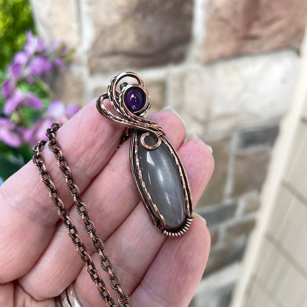 Gray Moonstone & Amethyst Copper Pendant