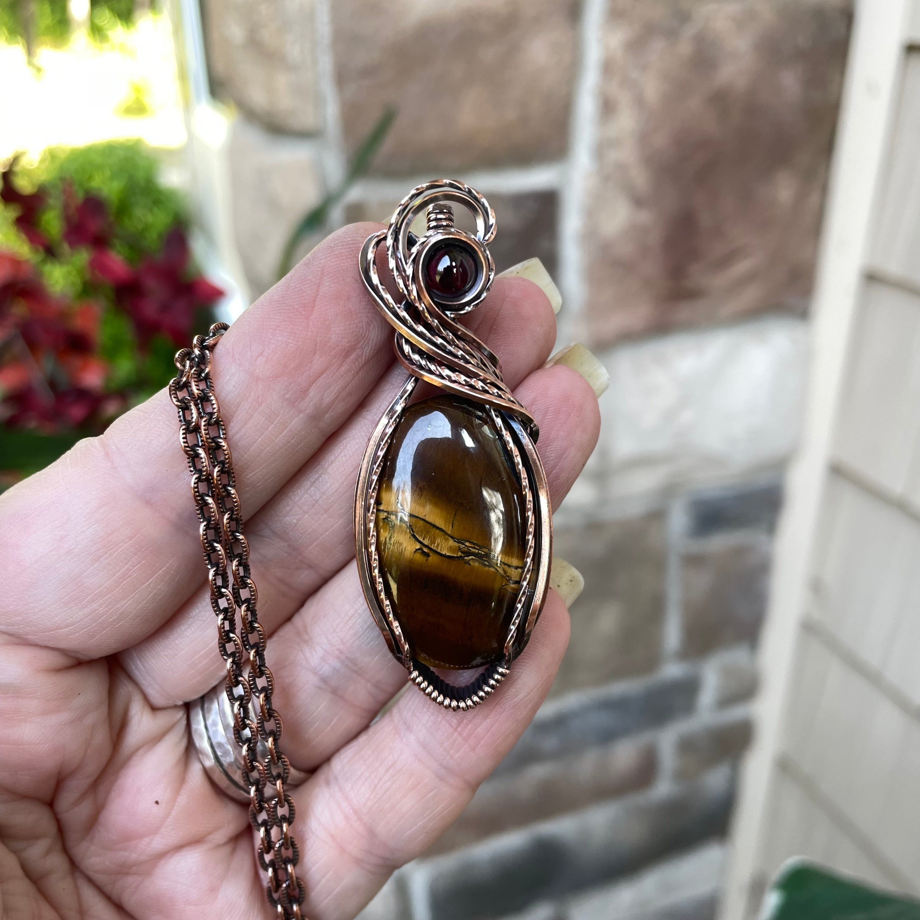 Tiger Eye & Garnet Oval Copper Pendant