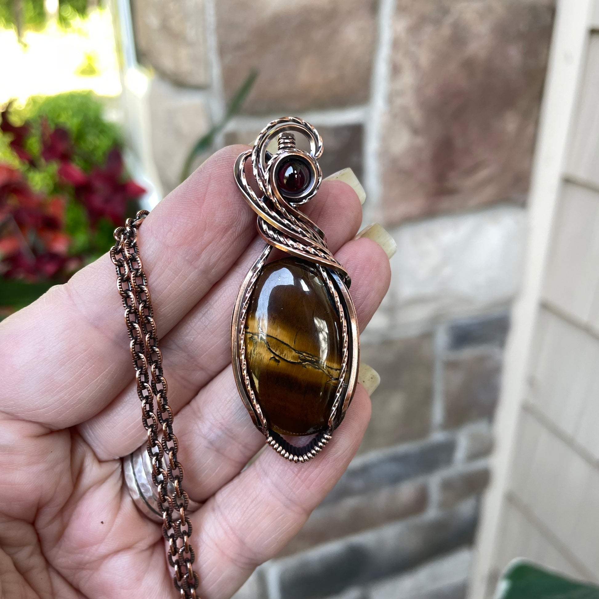 Tiger Eye & Garnet Oval Copper Pendant