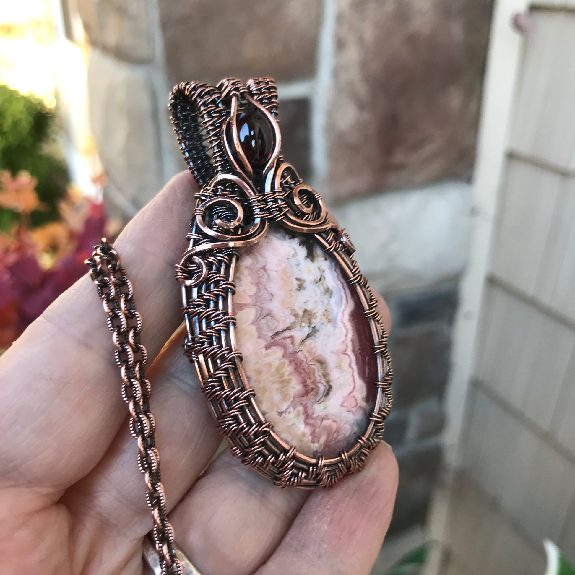 Rhodochrosite & Garnet Copper Woven Necklace