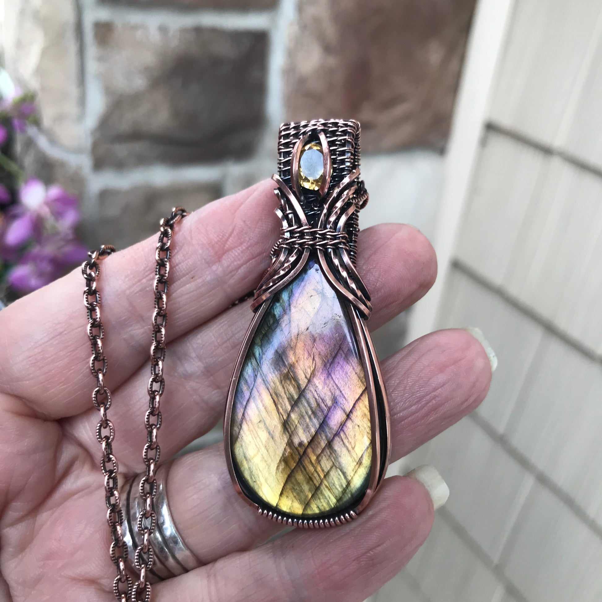 Yellow Lavender Labradorite & Citrine Copper Pendant