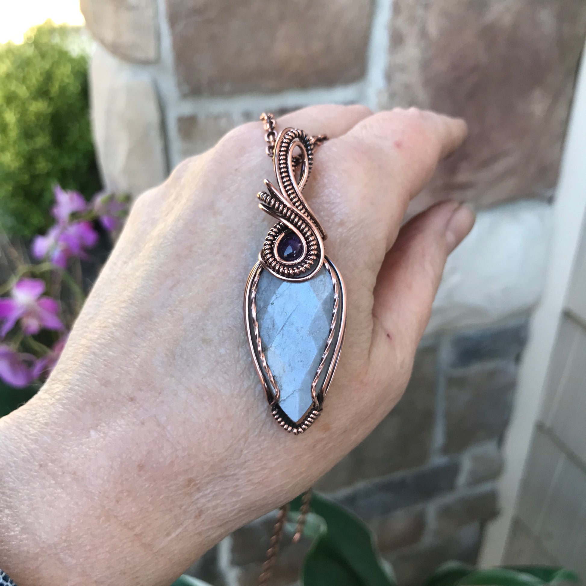 Gray Faceted Moonstone & Amethyst Copper Pendant