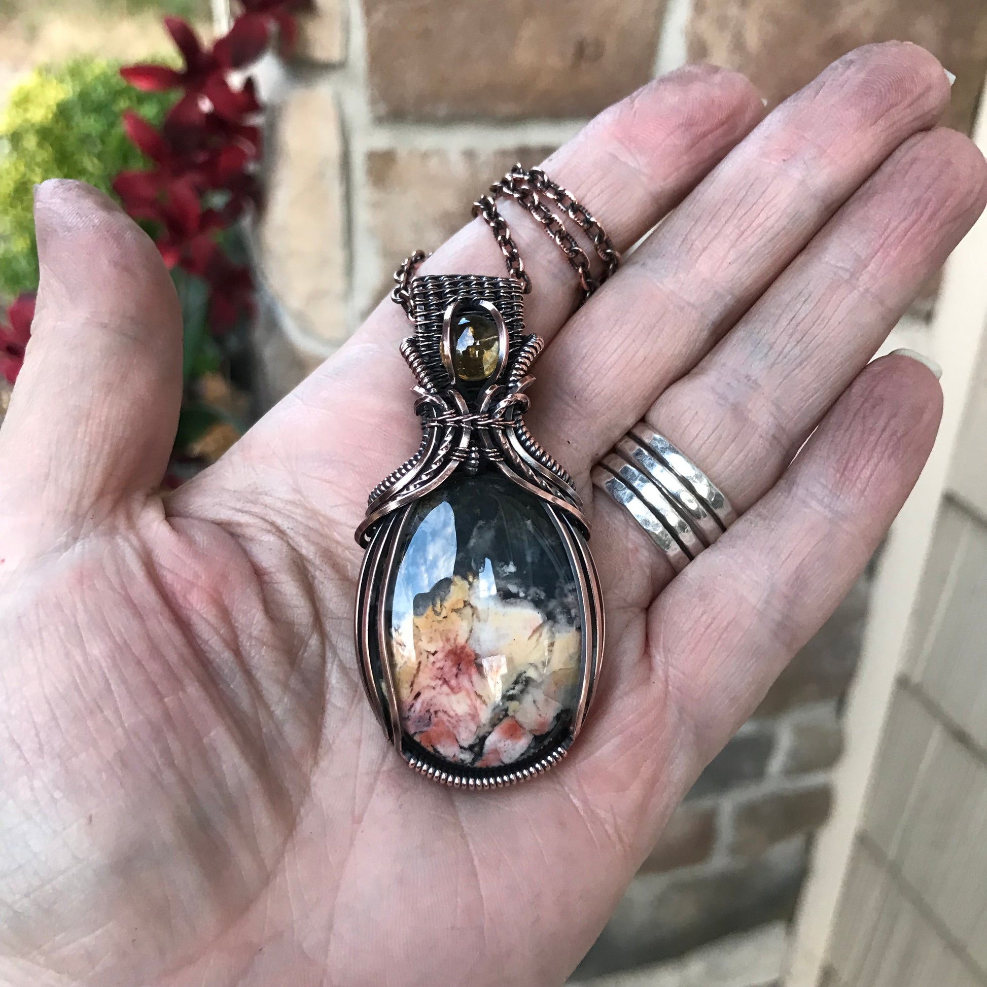 Feather Ridge Plume Agate Doublet & Citrine Copper Pendant