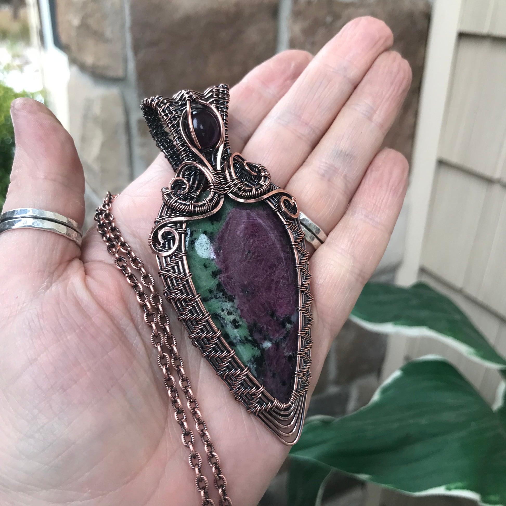 Ruby Zoisite Wire Weave Copper Pendant