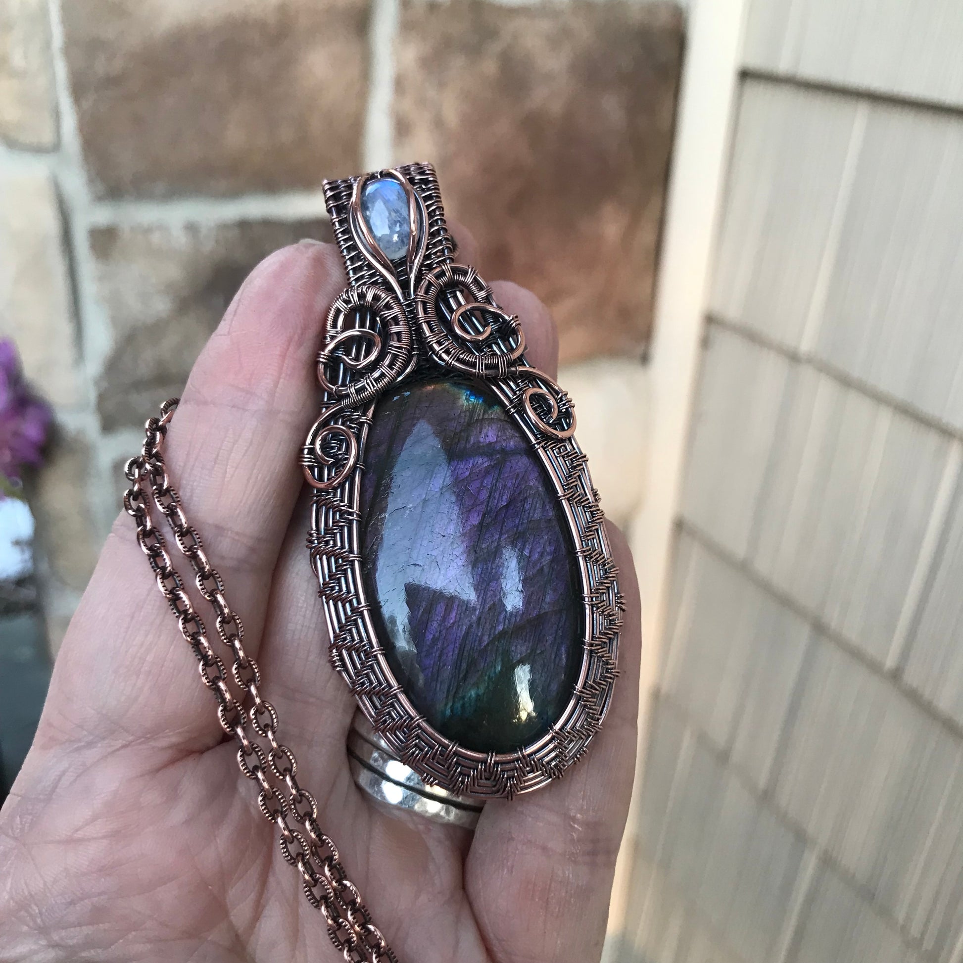 Purple Labradorite & Moonstone Oval Woven Copper Pendant