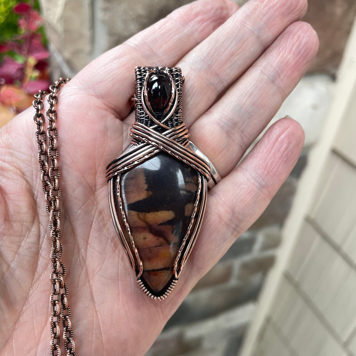 Biggs Jasper & Garnet Copper Pendant with Weaving