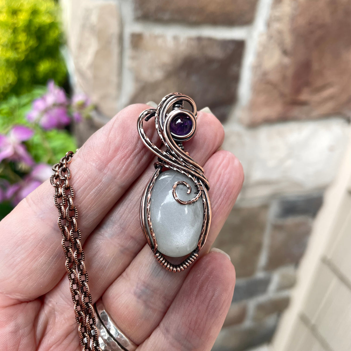 Whie Moonstone & Amethyst Copper Pendant