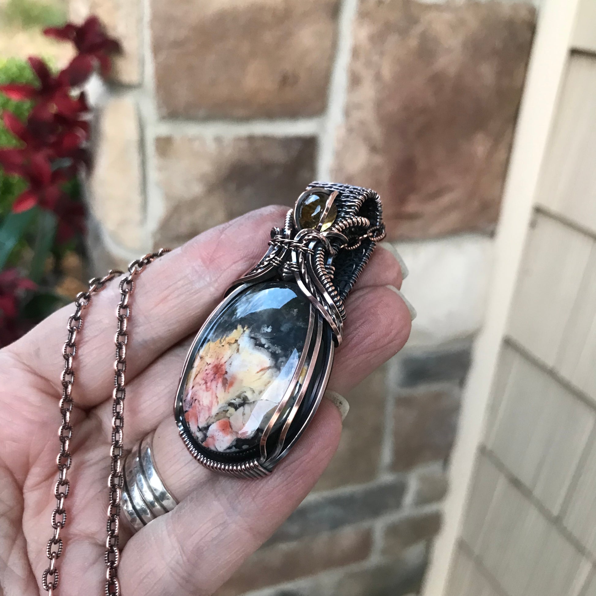 Feather Ridge Plume Agate Doublet & Citrine Copper Pendant