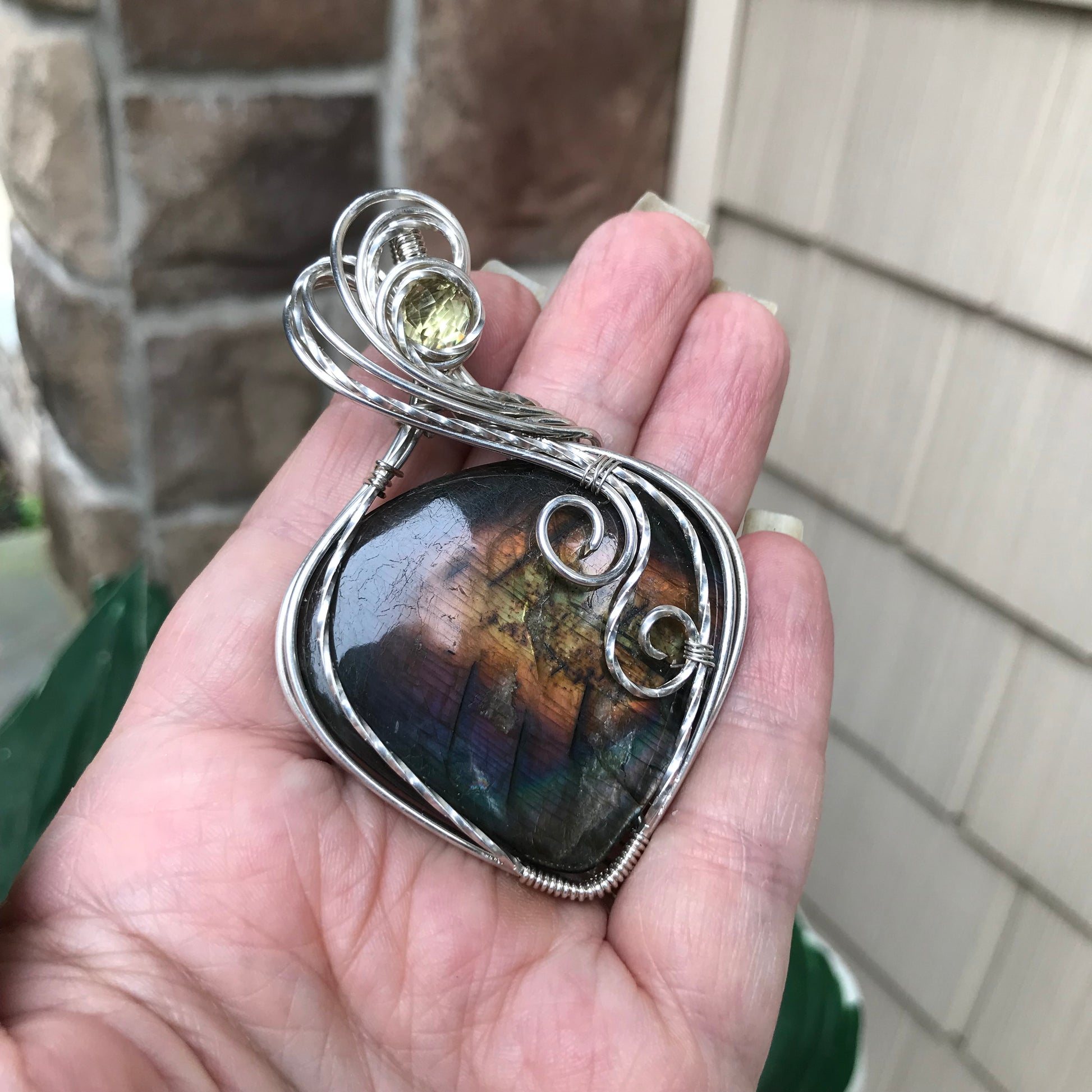 Rainbow Labradorite & Lemon Quartz Silver Pendant