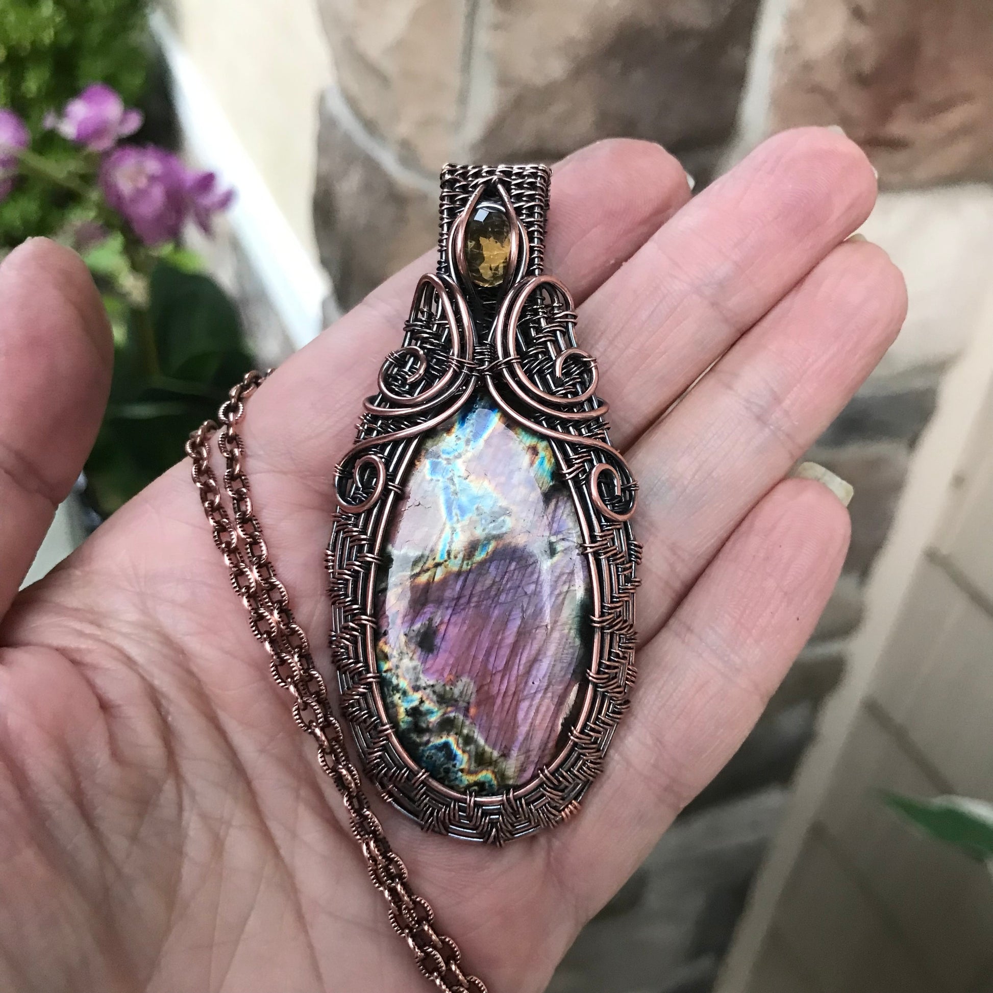 Purple Pink Labradorite with Citrine Woven Copper Pendant