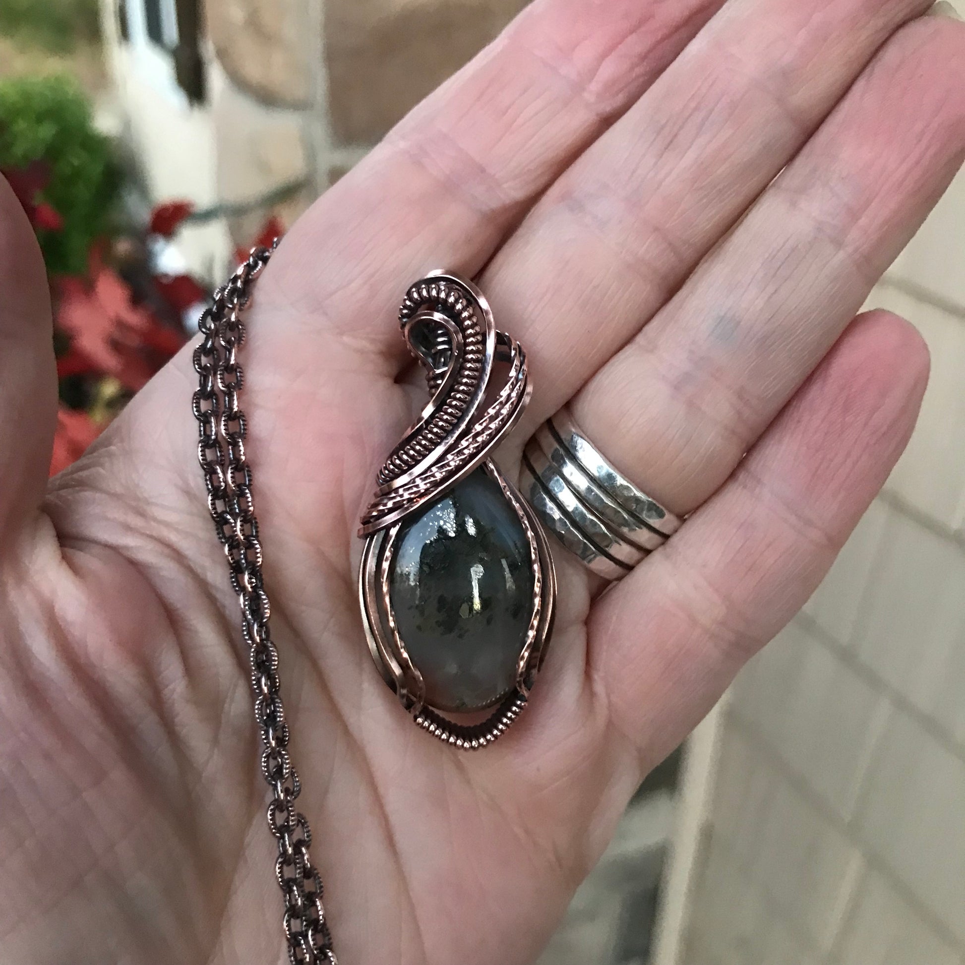 Graveyard Point Plume Moss Agate Copper Pendant